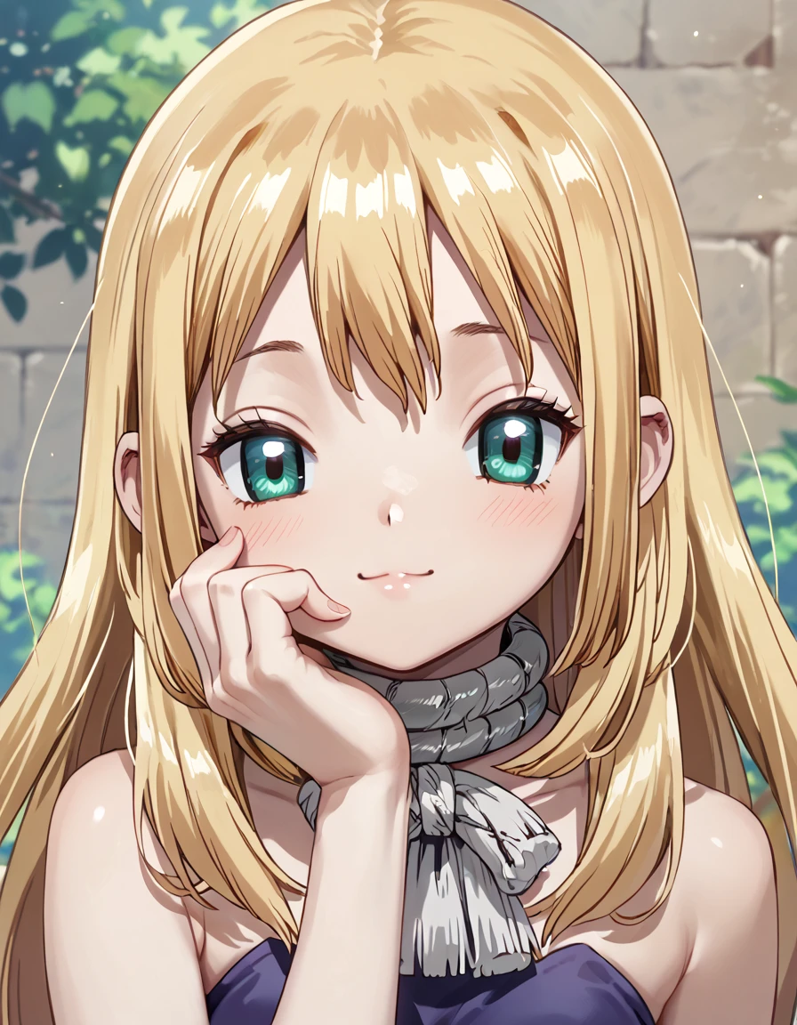 score_9, score_8_up, score_7_up, DrStone_Ruri, portrait, hand on chin, thoughtful, soft smile