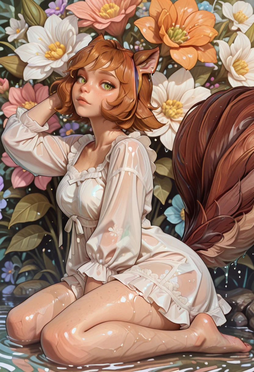 very awa, masterpiece, best quality, absurdres, newest, perfect quality, detailed background, intricate details
<lora:ILMRSqu1rr3lG1rl:1.0>
MRSqu1rr3lG1rl, 1girl, short hair, brown hair, freckles, green eyes, animal ears, squirrel tail, looking at viewer, delicate white nightgown, barefoot, with flowing wavy hair, Includes frills, earrings, soft, beautiful, floral hair ornament, sitting, wariza, hair flip, wet, colorful flowers, (((summer, floral background, dense floral background:1.4))), ((watercolor background:1.4)), water drop, light particles, dutch angle, full body, (looking at viewer),