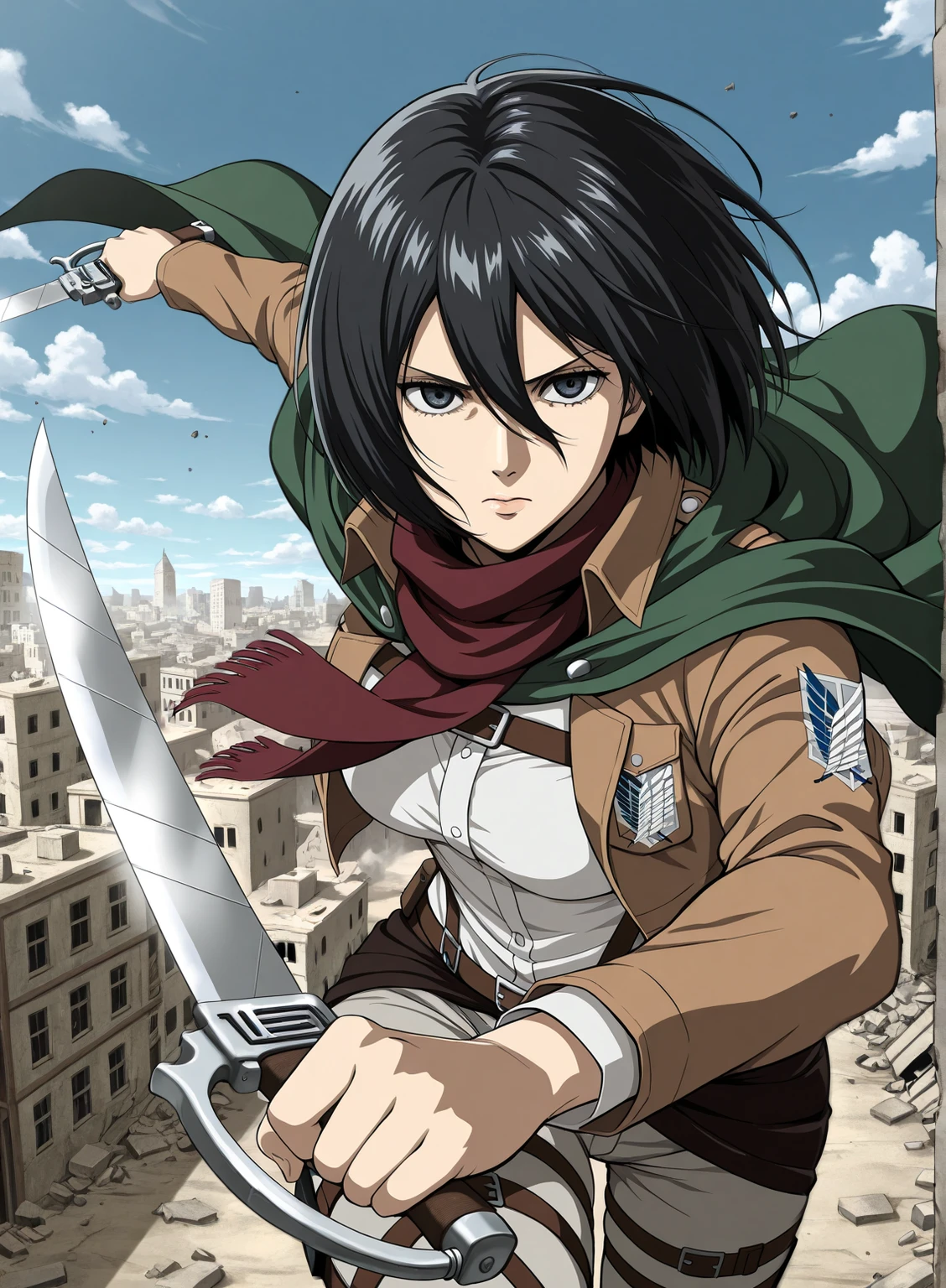 masterpiece, best quality, solo, anime-style, mikasa ackerman, short black hair, survey corps uniform, green cape flowing, holding blades, serious expression, action pose, ruined city backdrop, dramatic sky