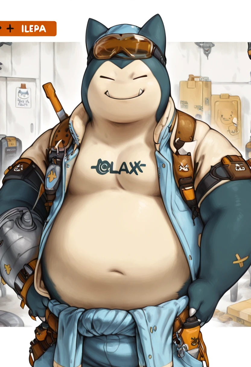 masterpiece, best quality, solo, zzSnorlax, , <lora:SnorlaxPokedex_IXL:1.0>, , solo, looking at viewer, smile, cowboy shot, <lora:EquipmentInstall_IXL:1.0>,