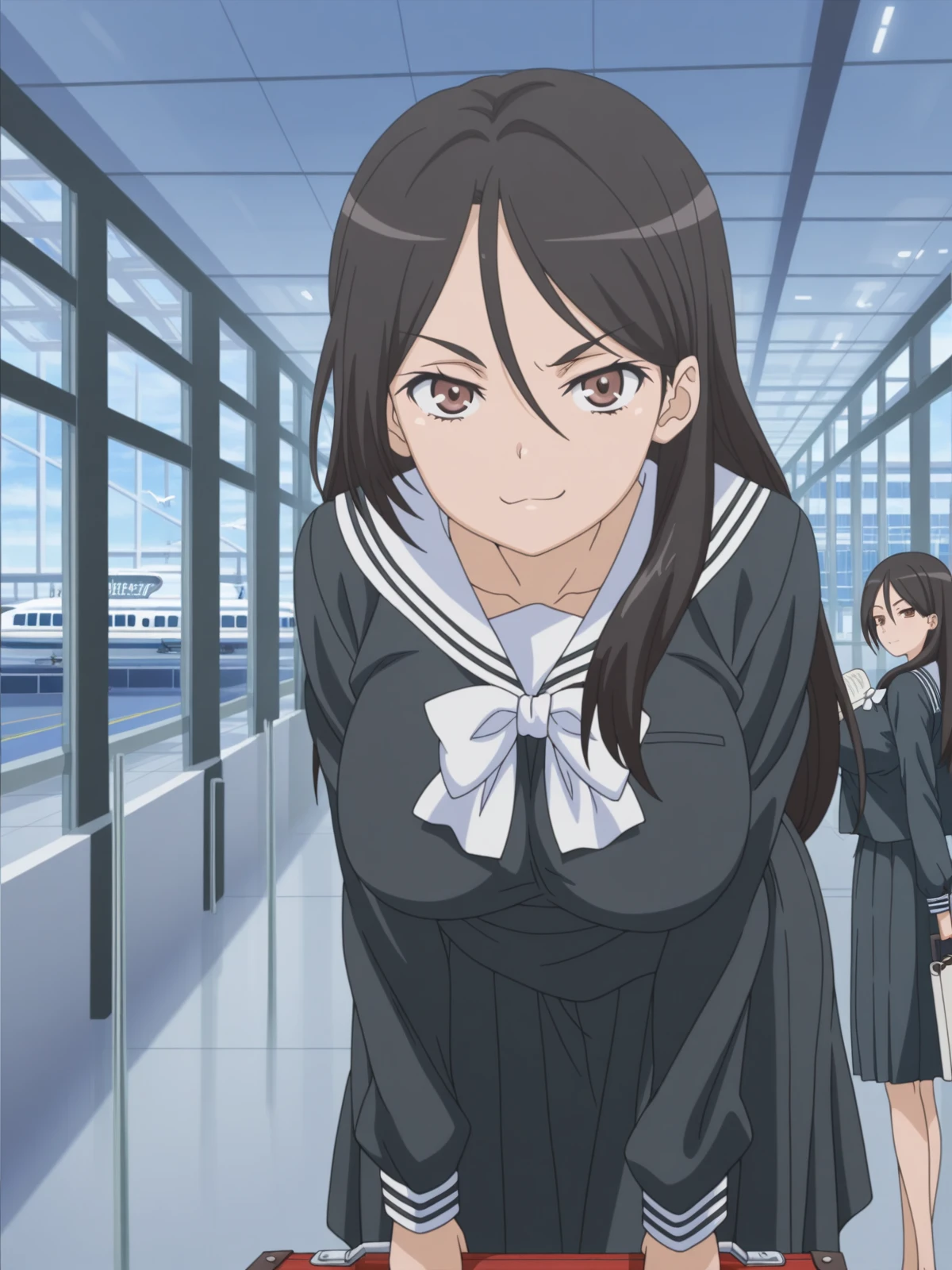 masterpiece, best quality, amazing quality,, <lora:seiri-fukiyose-indexs2-illustriousxl-lora-nochekaiser:1>, seiri fukiyose, long hair, black hair, brown eyes, hair between eyes, mature female, large breasts, anime screencap,, skirt, serafuku, black shirt, black skirt, long sleeves, white bowtie, white sailor collar, bent over, smug,, airport, waiting area, suitcase, flight delayed, passengers, reading book, cowboy shot, solo, looking at viewer,