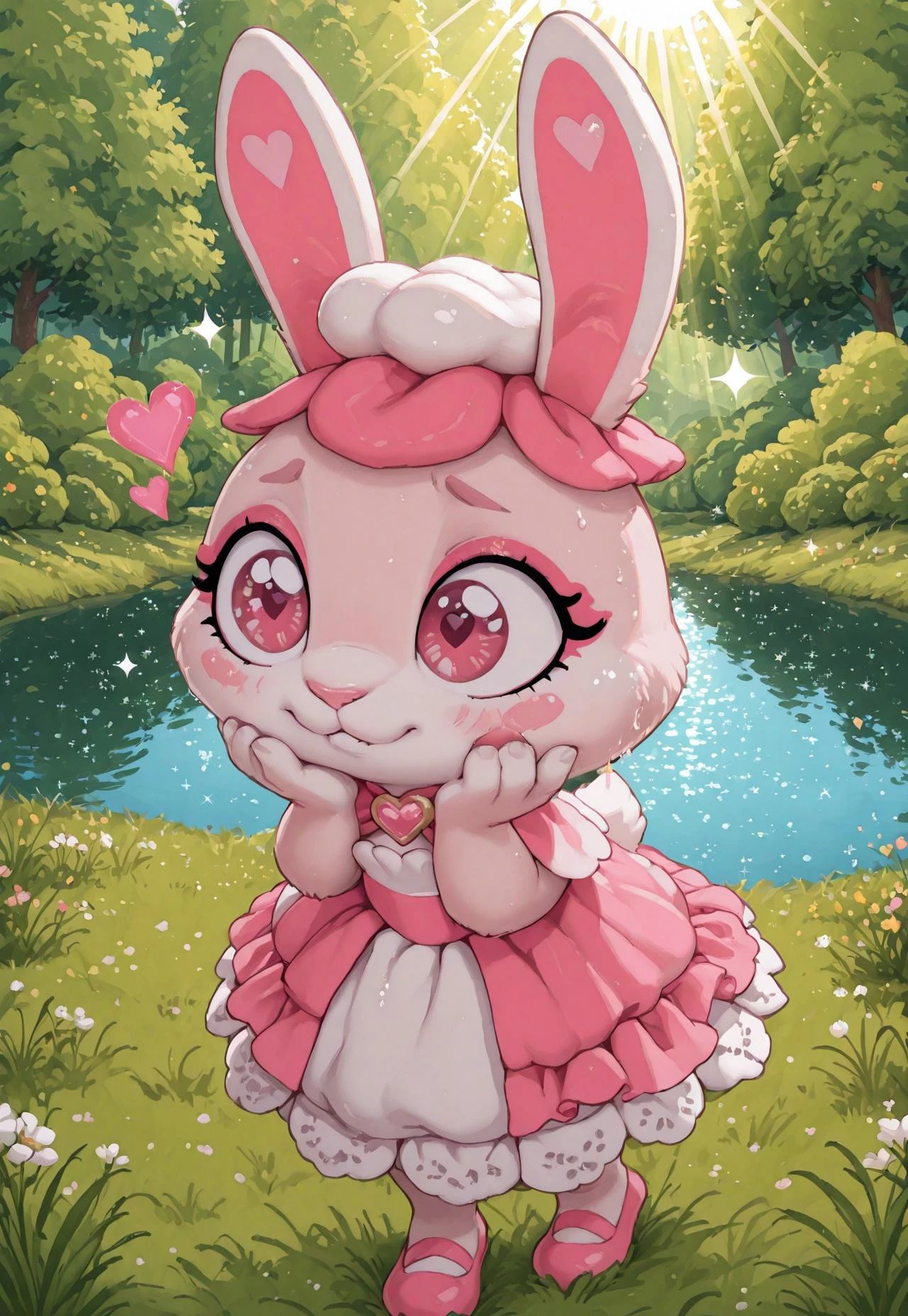 (cutecore, kawaiicore) 1girl, (anthro, furry, furry female) mousse benetta, rabbit, (light pink skin, light pink fur, bodyfur), white rabbit ears, pink heart-shaped markings on ears, pink nose, big eyes, dark pink eyes, eyelashes, makeup, eye makeup, hot pink eyeshadow, blush stickers, (white and hot pink strapless sleeveless frilly dress), light pink heart-shaped brooch, white ruffles, hot pink frills, hot pink capelet, (hot pink capelet layered over strapless sleeveless frilly dress), hot pink frilled cap, food-themed hair ornament, food on head, whipped cream hair ornament, hot pink shoes, ((verdant greenery, trees, lush bushes, grass, grassy lawn, wildflowers, water, lake, sunlight, sun rays, hearts, sparkles, glitter))