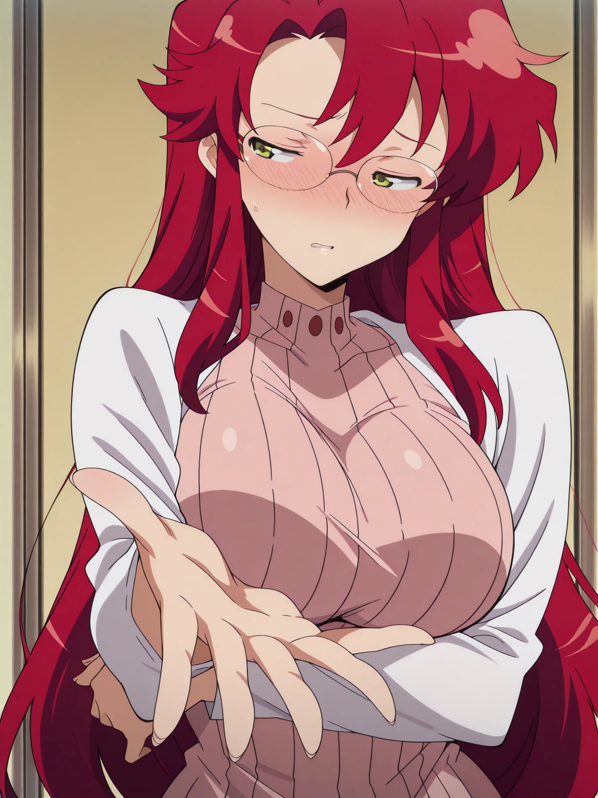masterpiece, best quality, amazing quality,, <lora:yoko-littner-s1-illustriousxl-lora-nochekaiser:1>, yoko littner, long hair, yellow eyes, red hair, glasses, hair down, mature female, large breasts, anime screencap, <lora:will-you-take-her-hand-illustriousxl-lora-nochekaiser:1>, will you take her hand, solo, blush, upper body, looking to the side, reaching, reaching towards viewer, arm under breasts, half-closed eyes, foreshortening, parted lips, nose blush, embarrassed,, , ,