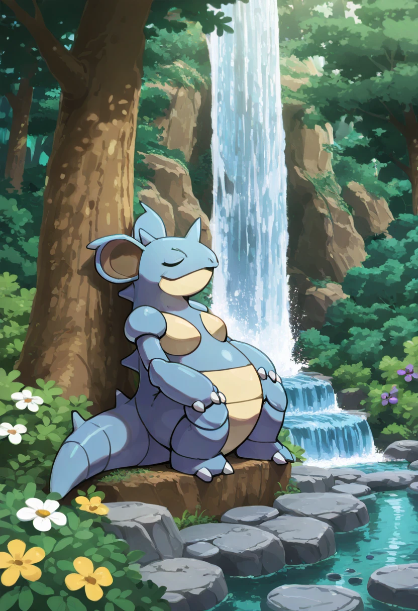 masterpiece, best quality, solo,  zzNidoqueen,  ,<lora:NidoqueenPokedex_IXL:1.0>,  , solo, outdoors, purple flower, sleeping, stepping stones, tree, white flower, yellow flower, closed mouth, closed eyes, plant, bush, waterfall, river, forest,