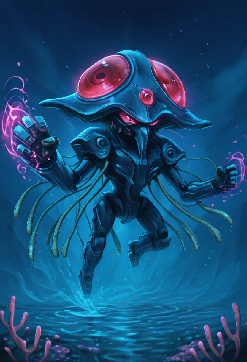 masterpiece, best quality, solo,    zzTentacruel,   <lora:TentacruelPokedex_IXL:1.0>,     water, bubble, underwater,  coral, seaweed,  (foreshortening, incoming attack),     1girl, solo, neon-highlighted bob, gravity-defying braid, armored exosuit, mecha,   <lora:AudioFileFuture_IXL_v1:1.0>, foreshortening,