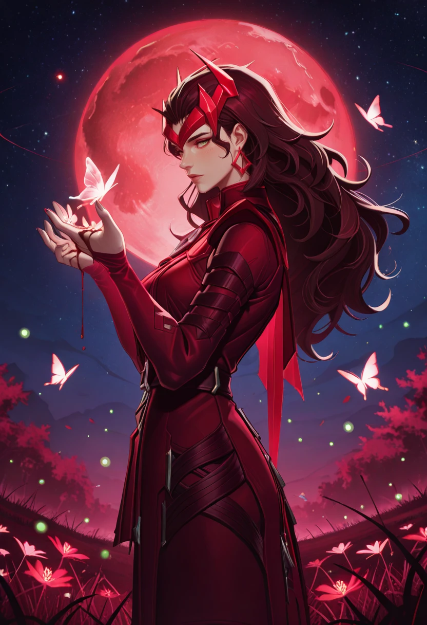 very awa, masterpiece, best quality, absurdres, newest, perfect quality, detailed background, intricate details
<lora:ILMRSc4rl3tW1tch:1>
MRSc4rl3tW1tch, 1girl, long hair, brown hair, green eyes, headpiece, earrings, looking at viewer, (Side View: 1.2), Standing on the Grass in the Moonlight, Gazing Upwards Slightly at the Crimson Moon, (Light Blush on the Cheeks), (Perfect Hands: 1.3), (Translucent Feathers Fluttering: 1.2), (Surrounded by Glowing Butterflies and Fireflies: 1.3), (Floating Sakura Petals: 1.2), (Starry Night Sky Background: 1.4), (Blood Red Moon), (Ethereal Atmosphere: 1.3), (Celestial Light: 1.2)