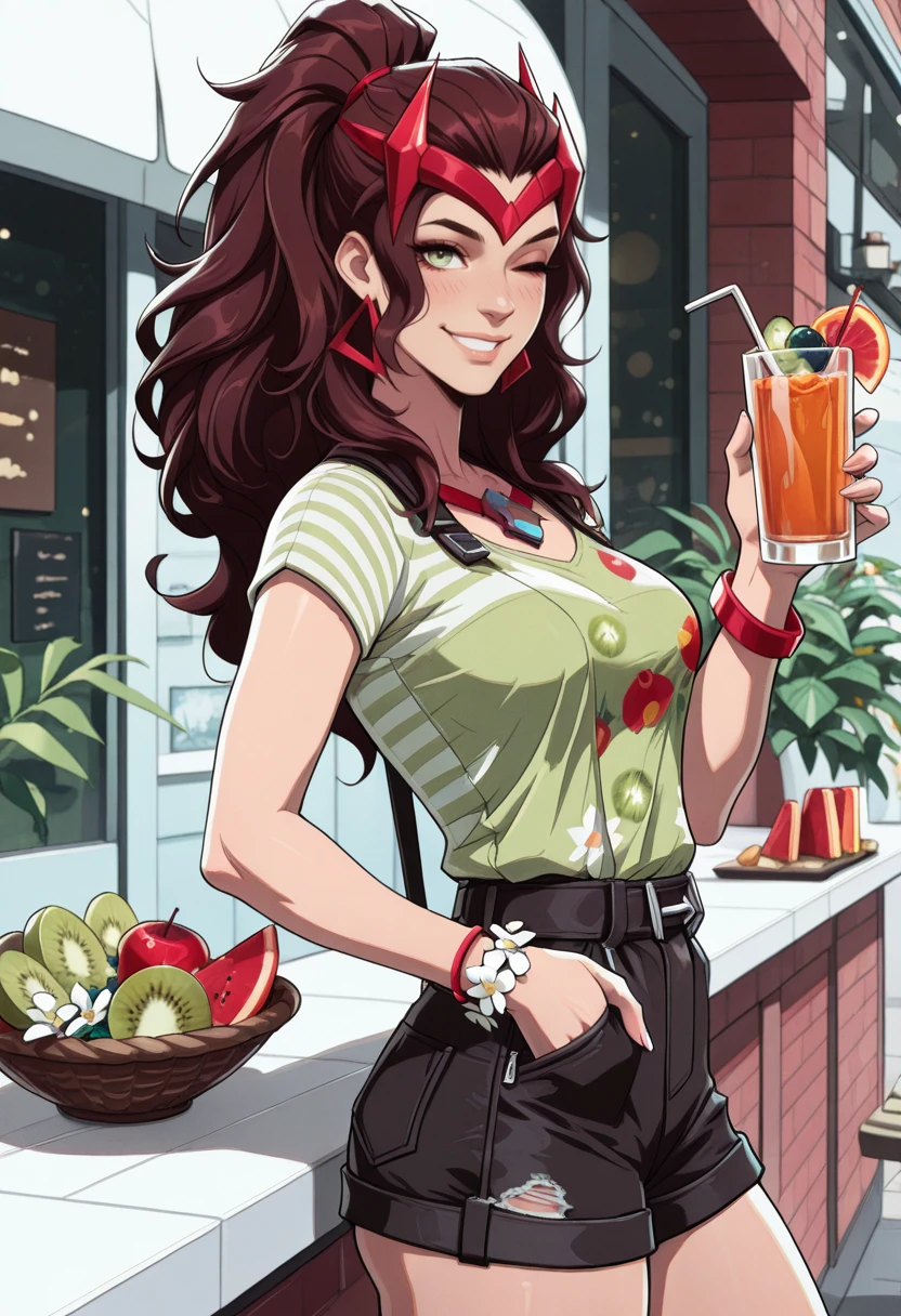 very awa, masterpiece, best quality, absurdres, newest, perfect quality, detailed background, intricate details
<lora:ILMRSc4rl3tW1tch:1>
MRSc4rl3tW1tch, 1girl, long hair, brown hair, green eyes, headpiece, earrings, looking at viewer, black shorts, blush, bracelet, cup, earrings, floral print, flower, flower bracelet, food, food print, fruit, green shirt, hand in pocket, holding cup, jewelry, kiwi fruit, kiwi slice, leaf, looking at viewer, one eye closed, ponytail, shirt, short sleeves, shorts, sidelocks, smile, strap, striped clothes, striped shirt, trinkets, white flower