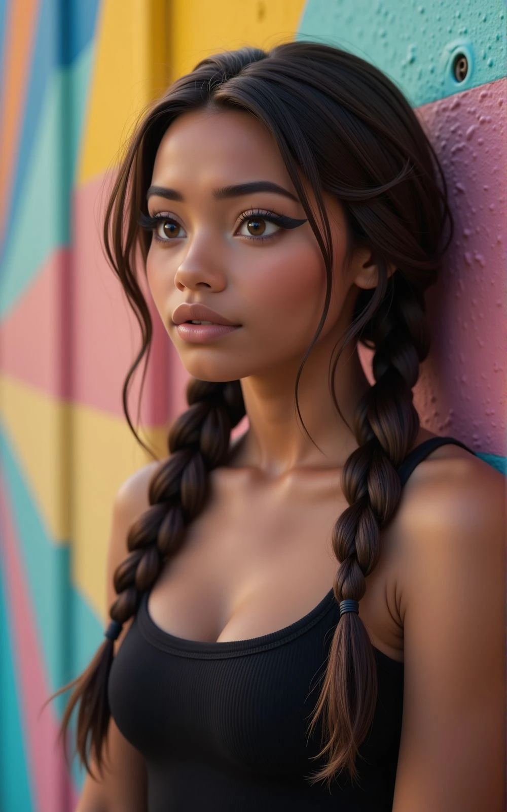 sharp image, 4k, young woman, multicolored wall on background, black eyeliner, eyeshadows, long eyelashes, upper body, black tank top, (side view :0.25), <lora:Woomy 14 Flux:0.9> dark skin, ebony, brown eyes, brown hair, long hair, braid twintails,
