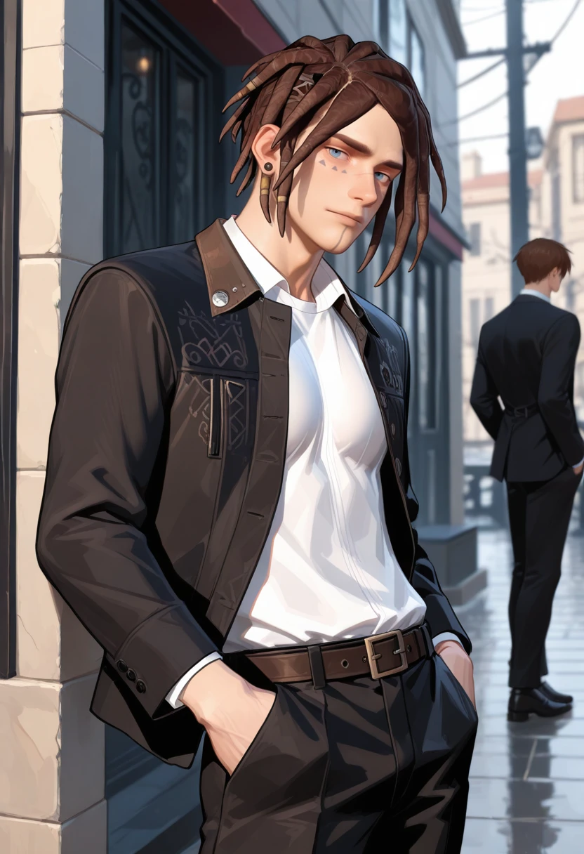 very awa, masterpiece, best quality, absurdres, newest, perfect quality, detailed background, intricate details
<lora:ILLIS2Finn:1.0>
LIS2Finn, 1boy, male focus, dreadlocks, short hair, brown hair, blue eyes, facial mark, hair ornament, ear piercing, looking at viewer, male focus, white shirt, black pants, belt, hands in pockets, formal, lblack jacket, suit, collared shirt, outdoors, open clothes, pectorals