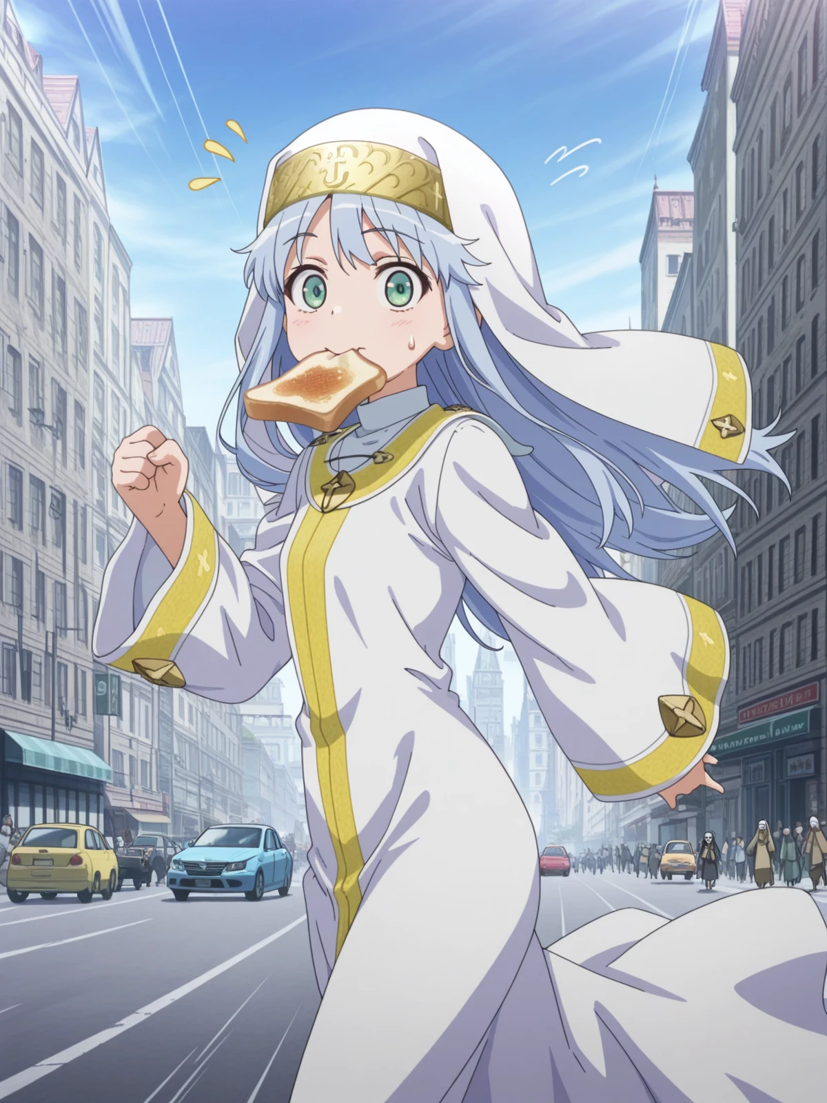 masterpiece, best quality, amazing quality,, <lora:index-librorum-prohibitorum-indexs2-illustriousxl-lora-nochekaiser:1>, index librorum prohibitorum, green eyes, blue hair, long hair, anime screencap, habit, long sleeves, nun, robe, white robe, wide sleeves,, <lora:food-in-mouth-running-illustriousxl-lora-nochekaiser:1>, food in mouth running, food in mouth, running, bread, bread slice, food, toast in mouth, toast, sweatdrop, motion lines, motion blur, outdoors, feet out of frame, from side, street, cars, buildings, city, people, cowboy shot, solo, looking at viewer,