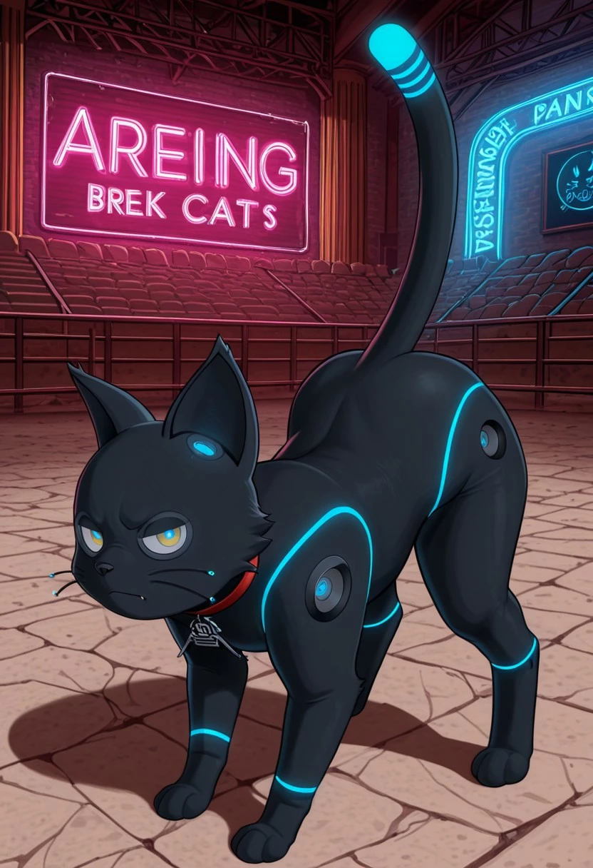masterpiece, best quality, amazing quality, very aesthetic, absurdres, newest, break
indoor, arena, cyber pank, neon lights, break
1cat, cat 808, black cat, glowing, feral cat, neon lights, yellow eyes, slim body, break
jumping an all fours, angry. cowboy shot