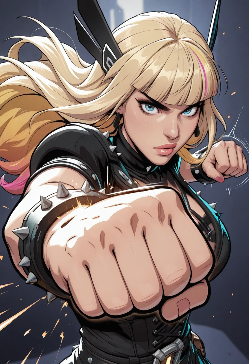 very awa, masterpiece, best quality, absurdres, newest, perfect quality, detailed background, intricate details
<lora:ILMRM4gik:1>
MRM4gik, 1girl, long hair, blonde hair, multicolored hair, blunt bangs, blue eyes, hair ornament, looking at viewer, action pose, ((motion line, punching, hitting viewer, focus punch, straight jab))
