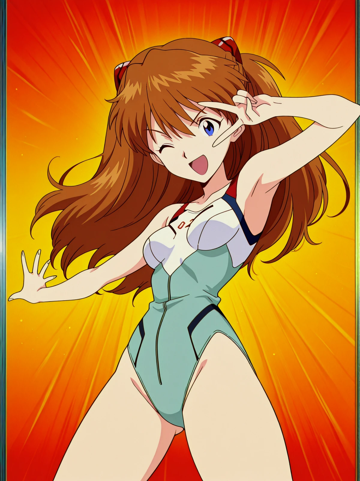 masterpiece, best quality, amazing quality,, <lora:asuka-langley-soryuu-classic-illustriousxl-lora-nochekaiser:1>, asuka langley soryu, long hair, bangs, blue eyes, brown hair, hair ornament, small breasts, anime screencap, <lora:curemelody-pose-illustriousxl-lora-nochekaiser:1>, curemelody pose, solo, smile, open mouth, one eye closed, v, ;d, v over eye, hands up, cowboy shot, , ,