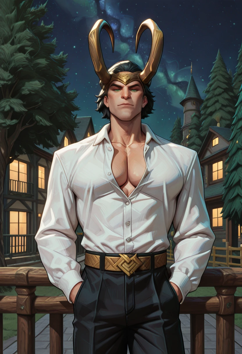 very awa, masterpiece, best quality, absurdres, newest, perfect quality, detailed background, intricate details
<lora:ILMRL0k1:1.0>
MRL0k1, 1boy, male focus, headpiece, crown, horns, green eyes, short hair, black hair, looking at viewer, male focus, white shirt, black pants, night sky, hands in pockets, collared shirt, cowboy shot, outdoors, long sleeves, closed mouth, belt, building, partially unbuttoned, collarbone, standing, dress shirt, tree, shirt tucked in, house, open collar, railing, window, fence, pectorals, pectoral cleavage, unbuttoned shirt, star (sky)