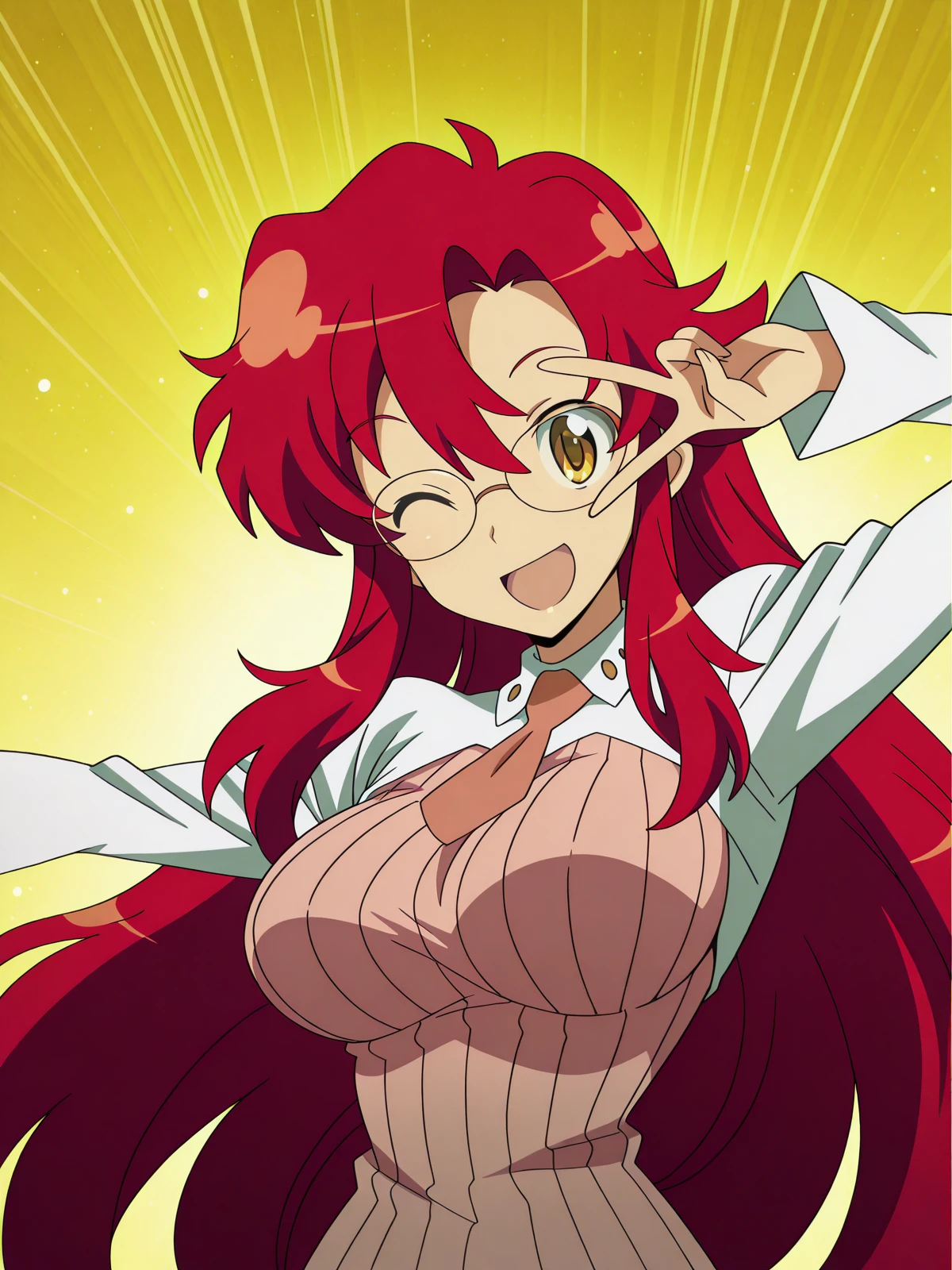masterpiece, best quality, amazing quality,, <lora:yoko-littner-s1-illustriousxl-lora-nochekaiser:1>, yoko littner, long hair, yellow eyes, red hair, glasses, hair down, mature female, large breasts, anime screencap, <lora:curemelody-pose-illustriousxl-lora-nochekaiser:1>, curemelody pose, solo, smile, open mouth, one eye closed, v, ;d, v over eye, hands up,, , ,
