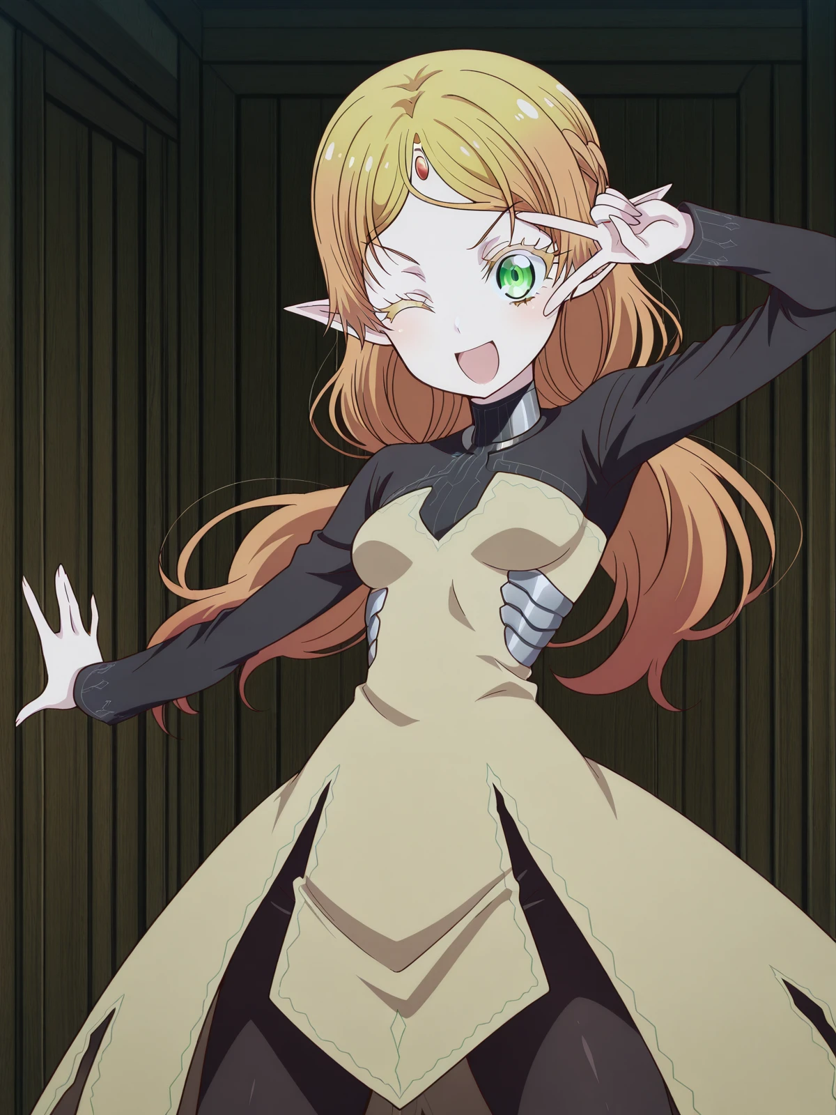masterpiece, best quality, amazing quality,, <lora:tsundere-elf-s1-illustriousxl-lora-nochekaiser:1>, tsundere elf, long hair, blonde hair, green eyes, pointy ears, elf, multicolored hair, forehead jewel, mature female, small breasts, anime screencap,, <lora:curemelody-pose-illustriousxl-lora-nochekaiser:1>, curemelody pose, solo, smile, open mouth, one eye closed, v, ;d, v over eye, hands up,, , ,