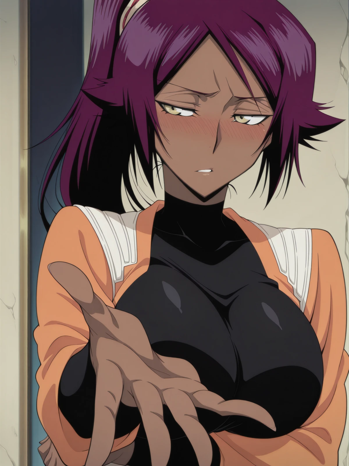 masterpiece, best quality, amazing quality,, <lora:yoruichi-shihouin-anime-illustriousxl-lora-nochekaiser:1>, yoruichi shihouin, shihouin yoruichi, long hair, yellow eyes, ponytail, purple hair, dark skin, dark-skinned female, mature female, medium breasts, anime screencap, <lora:will-you-take-her-hand-illustriousxl-lora-nochekaiser:1>, will you take her hand, solo, blush, upper body, looking to the side, reaching, reaching towards viewer, arm under breasts, half-closed eyes, foreshortening, parted lips, nose blush, embarrassed,, , ,