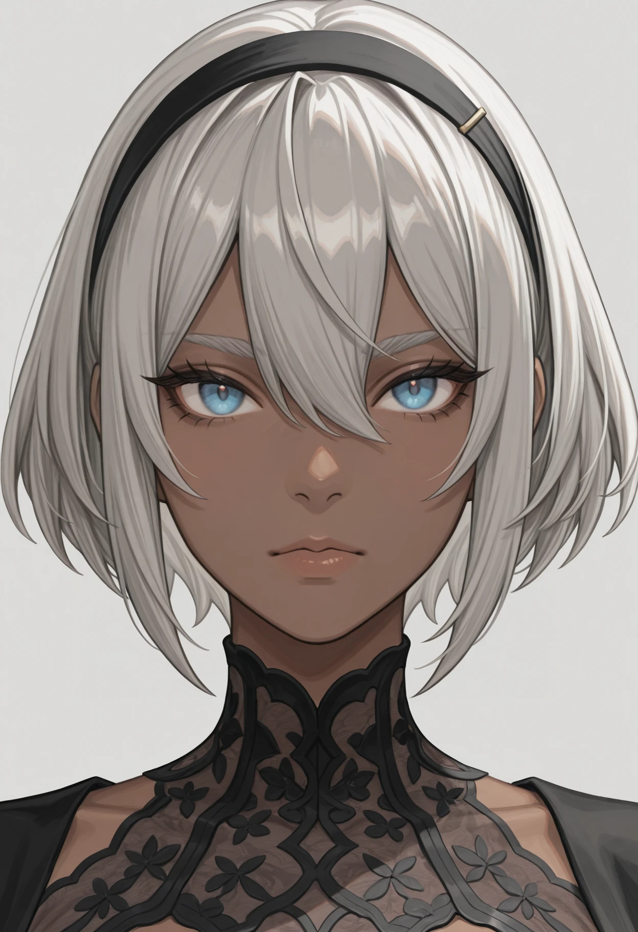 very awa, masterpiece, best quality, absurdres, newest, perfect quality, detailed background, intricate details, solo,
<lora:ILP0k3m0nBe4:1>
P0k3m0nBe4, 1girl, short hair, dark-skinned female, hair between eyes, gray hair, blue eyes, hairband, looking at viewer, portrait