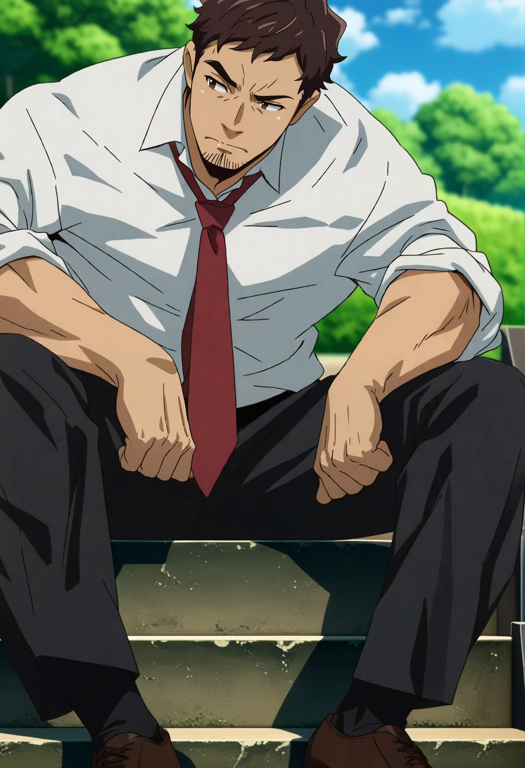 masterpiece,best quality,
(anime screencap:0.7),
1boy,bara,
m1ch1t4k4,brown hair,short hair,brown eyes,goatee stubble,
white shirt,collared shirt,red necktie,black pants,sleeves rolled up,black socks,brown shoes,
looking to the side,hunched over,raised eyebrow,(clenched hands:1.2),
sitting on stairs,
outdoors,blue sky,cloud,
scenery,park,
depth of field,atmospheric perspective,blurry background,
<lora:michitaka_lh_NAI_EPS_1_1_CAME_v1_rev1:1>,âââ,âââ