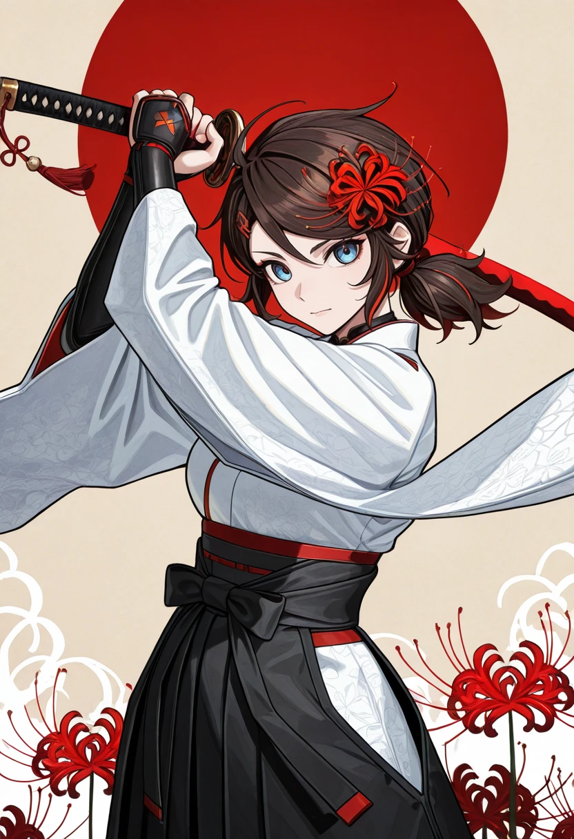 very awa, masterpiece, best quality, absurdres, newest, perfect quality, detailed background, intricate details, solo,
<lora:ILMRP3n1P4rk3r:1.0>
MRP3n1P4rk3r, 1girl, brown hair, low ponytail, twin ponytail, hair ornament, red streaks, blue eyes, looking at viewer, Beautiful female samurai in artistic Japanese illustration style, wearing white kimono with black hakama, intricate red spider lily flowers decorating outfit, holding katana sword at diagonal angle, large red circle sun motif in background, minimalist beige background with ink splatter effects, vertical red line dividing composition, delicate floral branches intertwining with clothing, traditional Japanese aesthetics mixed with modern anime art style, ethereal and graceful warrior pose, monochromatic color scheme with red accents