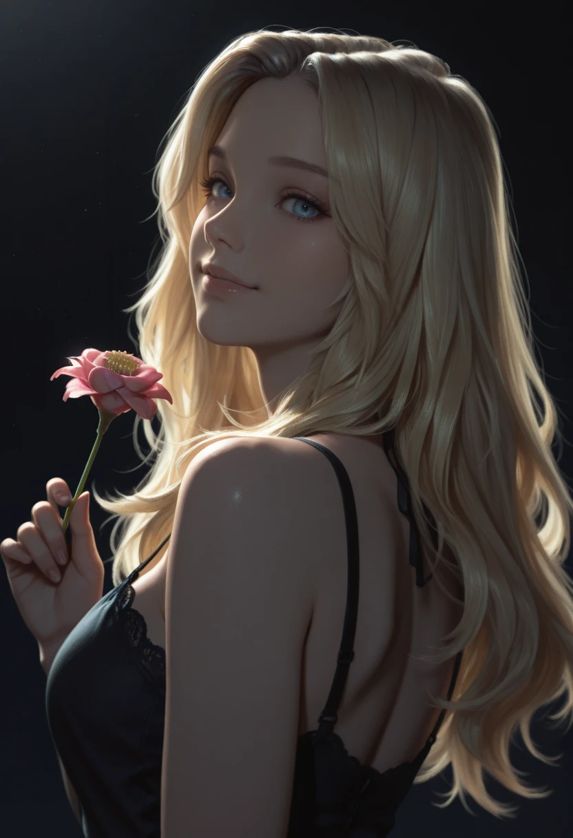 very awa, masterpiece, best quality, absurdres, newest, perfect quality, detailed background, intricate details
<lora:ILRERB3cc4:1>
RERB3cc4, 1girl, blonde hair, long hair, blue eyes, looking at viewer, looking at viewer, charming smile, holding flower, chupa chups, upper body, from below, back lighting, dark, multicolored background