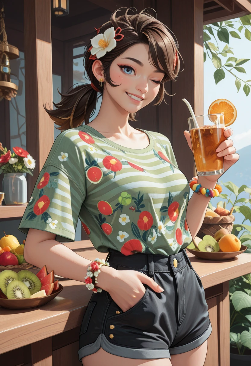 very awa, masterpiece, best quality, absurdres, newest, perfect quality, detailed background, intricate details, solo,
<lora:ILMRP3n1P4rk3r:1.0>
MRP3n1P4rk3r, 1girl, brown hair, low ponytail, twin ponytail, hair ornament, red streaks, blue eyes, looking at viewer, black shorts, blush, bracelet, cup, earrings, floral print, flower, flower bracelet, food, food print, fruit, green shirt, hand in pocket, holding cup, jewelry, kiwi fruit, kiwi slice, leaf, looking at viewer, one eye closed, ponytail, shirt, short sleeves, shorts, sidelocks, smile, strap, striped clothes, striped shirt, trinkets, white flower