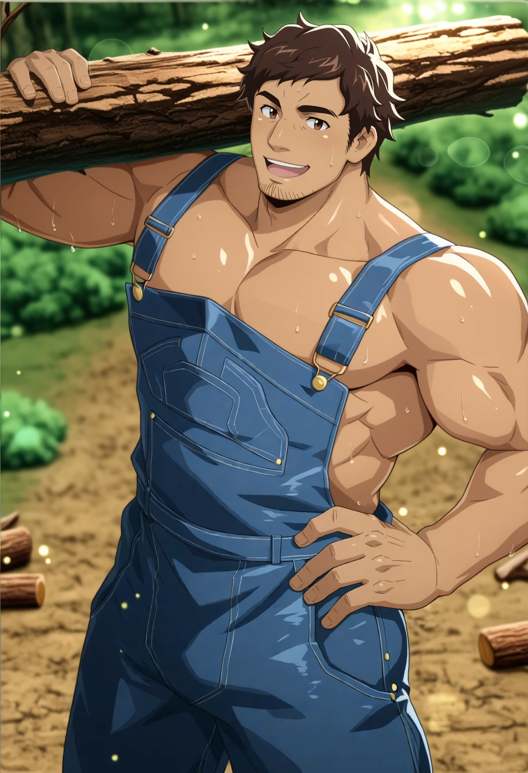masterpiece,best quality,
(anime screencap:0.7),
1boy,bara,
m1ch1t4k4,brown hair,short hair,brown eyes,goatee stubble,
naked overalls,
(sweat:0.6),(shiny skin:0.6),
open mouth,smile,looking at viewer,
carrying over shoulder,hand on own hip,log,
cowboy shot,
(bloom:1.1),blurry background,outdoors,(bokeh:0.7),
<lora:michitaka_lh_NAI_EPS_1_1_CAME_v1_rev1:1>,âââ