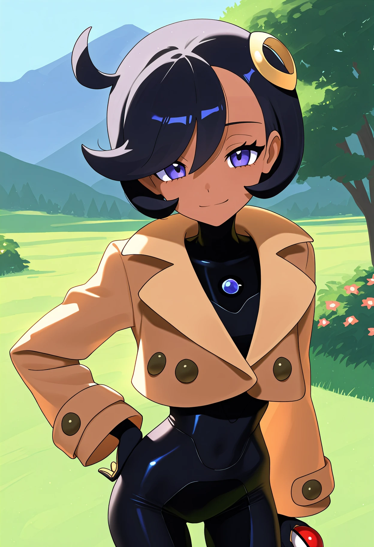newest, solo, 1girl, dark-skinned female, smile, looking at viewer, standing, hand on own hip, holding poke ball, poke ball \(basic\), short hair, black hair, ahoge, hair ornament, purple eyes, eyelashes, brown jacket, cropped jacket, buttons, long sleeves, black gloves,  under clothes, black , outdoors, day, grass, tree, bush, flower, mountainous horizon
<segment:yolo-Anzhc Face seg 640 v3 y11n.pt,0.5,0.5//cid=11>