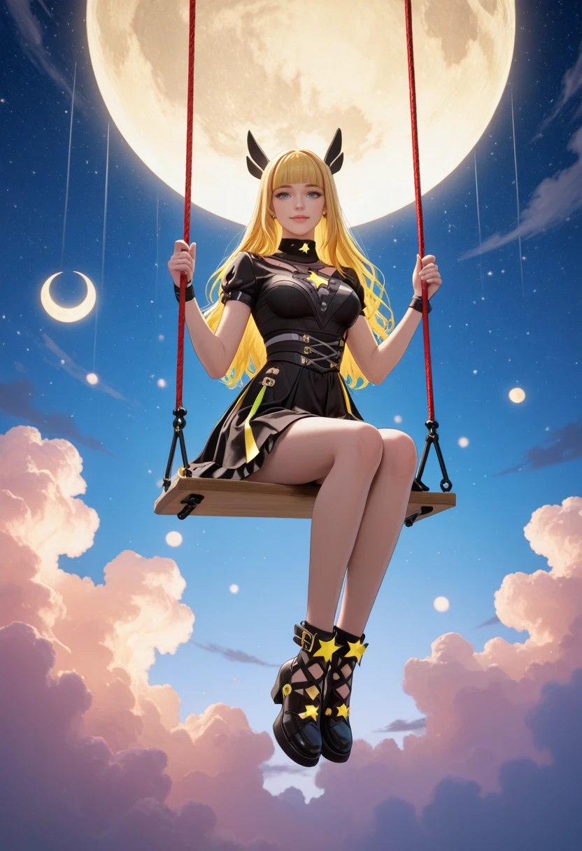 very awa, masterpiece, best quality, absurdres, newest, perfect quality, detailed background, intricate details
<lora:ILMRM4gik:1>
MRM4gik, 1girl, long hair, blonde hair, multicolored hair, blunt bangs, blue eyes, hair ornament, looking at viewer, soft smile, sitting on a swing, both hands gripping pastel swing ropes, hanging from floating moon, dreamy sky playground, glowing clouds, soft stars, motion blur on ribbons, star-shaped shoes, magical freedom feeling
