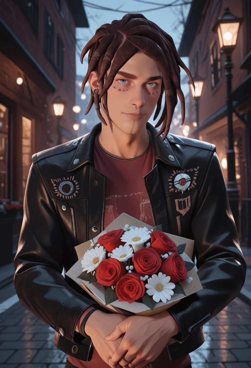 very awa, masterpiece, best quality, absurdres, newest, perfect quality, detailed background, intricate details
<lora:ILLIS2Finn:1.0>
LIS2Finn, 1boy, male focus, dreadlocks, short hair, brown hair, blue eyes, facial mark, hair ornament, ear piercing, looking at viewer, male focus, stands in an evening setting illuminated by street lamps, wears a black leather jacket over a dark red shirt, In his hands, he hold a vibrant bouquet of red and pink roses, accompanied by small white flowers, suggesting a romantic or celebratory gesture, background features a softly lit urban landscape, creating a moody, enchanting atmosphere