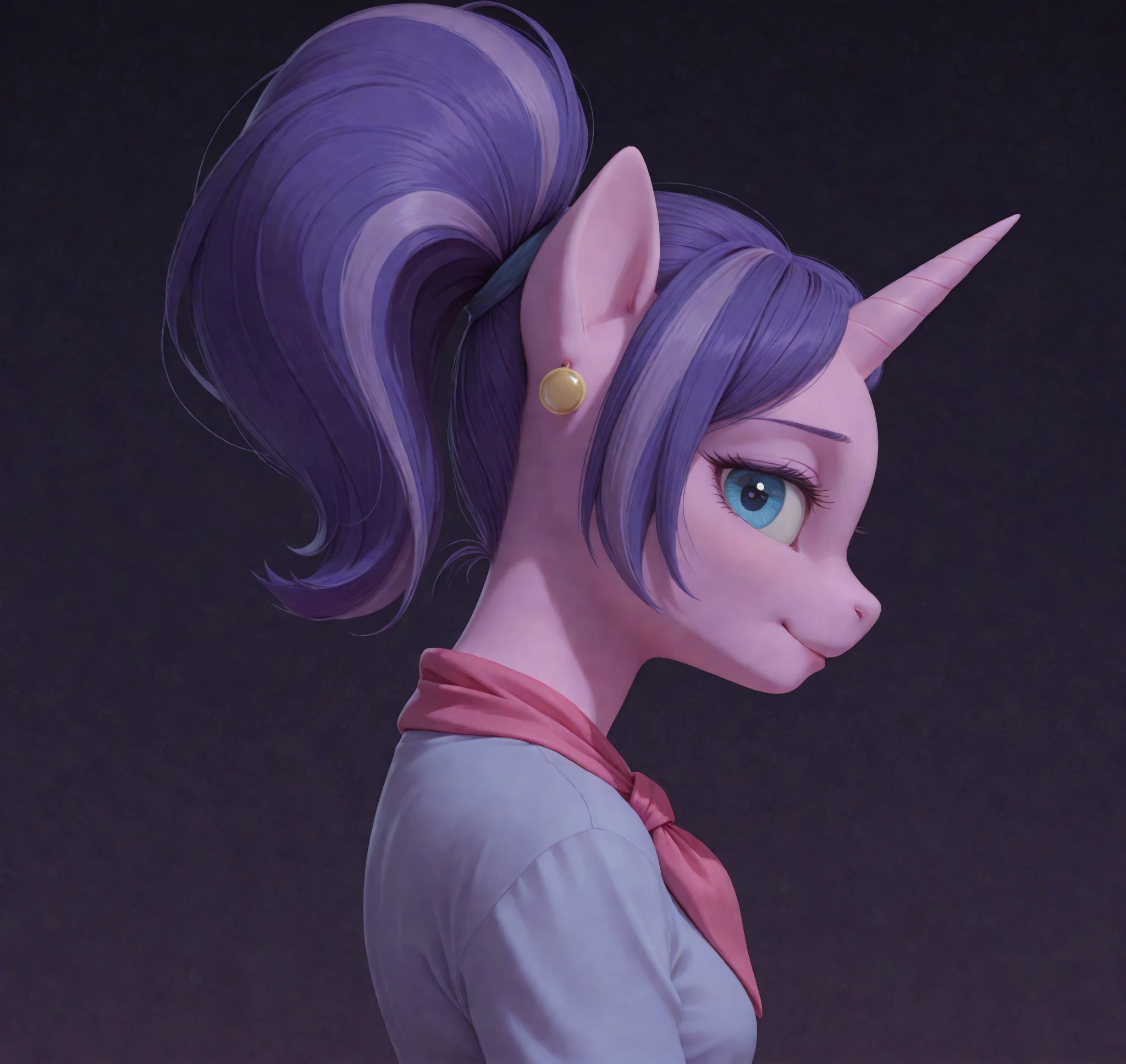 <lora:Cookie_Crumbles_MLP_Character:0.7> cookie crumbles \\(mlp\\), hasbro, equine, pony,  quadruped, unicorn, furry female, blue eyes, purple hair, ascot, neckerchief, earring, BREAK detailed background, at the weather factory, clothed, clothing, lonely, empty gaze, slouched shoulders, sad smile, rear view, looking back at you, backward glance