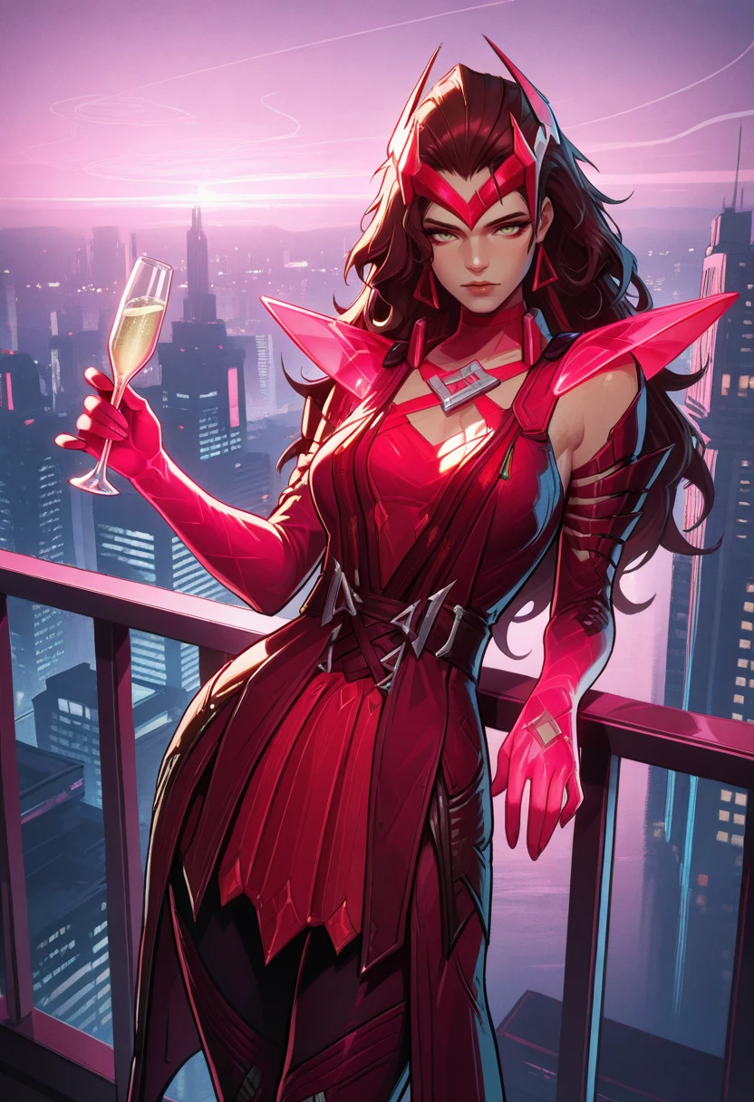 very awa, masterpiece, best quality, absurdres, newest, perfect quality, detailed background, intricate details
<lora:ILMRSc4rl3tW1tch:1>
MRSc4rl3tW1tch, 1girl, long hair, brown hair, green eyes, headpiece, earrings, looking at viewer, Dressed in a minimal yet sensual high tech silk wrap dress with holographic shimmer, one shoulder bare. She leans slightly on a glass railing in a luxury penthouse with panoramic neon skyline, holding a glowing champagne glass. Soft golden pink ambient light, high detail, ultra realistic cyber futuristic setting