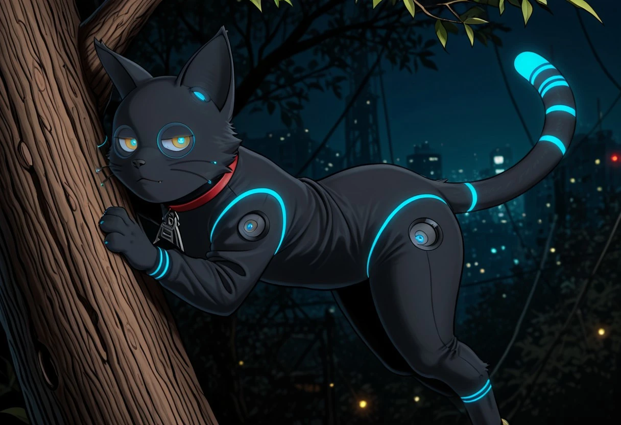 masterpiece, best quality, amazing quality, very aesthetic, absurdres, newest, break
night, cyberpank city, break
1cat, cat 808, black cat, glowing, feral cat, neon lights, yellow eyes, break
climbing on tree, sly look, cowboy shot