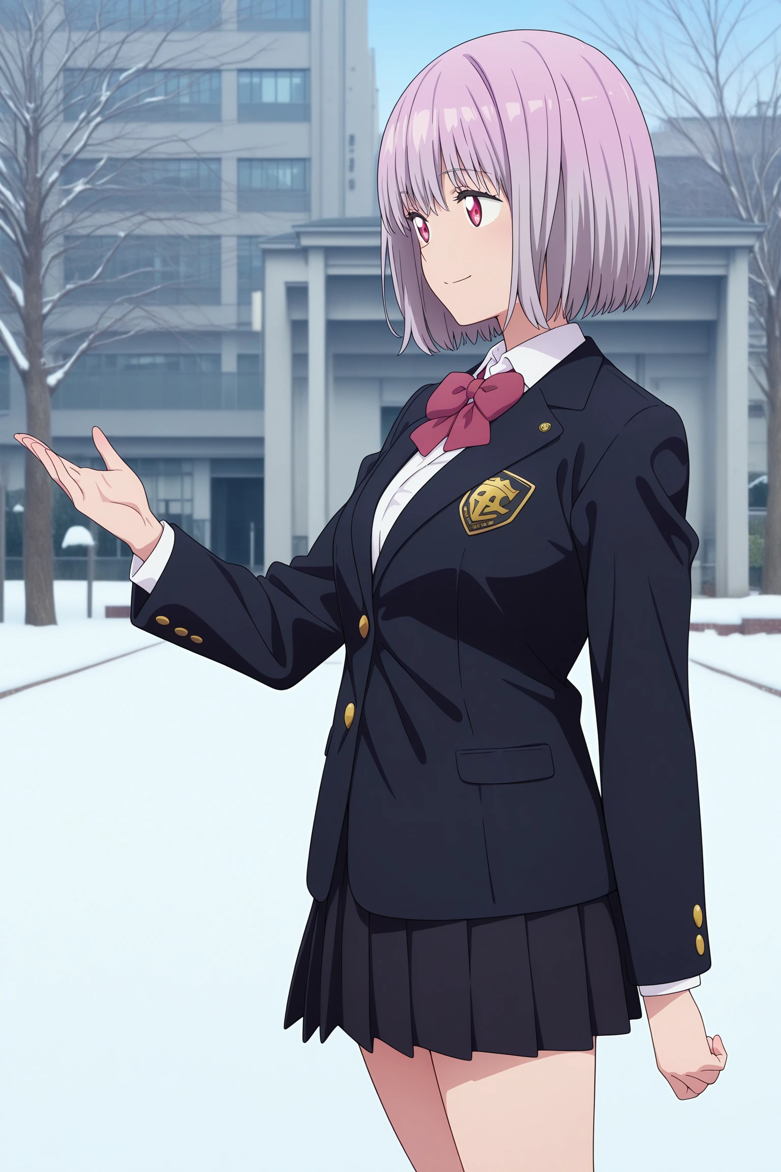 masterpiece, best quality, amazing quality, highres, absurdres, very aesthetic, high resolution, ultra detailed, perfect details, 1girl, solo, outdoors, school, snow, (photo background:1.5), shinjo akane, short hair, purple hair, wispy bangs, purple eyess, long sleeves, black jacket, white shirt, collared shirt, red bowtie, black skirt, pleated skirt, black socks, kneehighs, brown footwear, loafers, <lora:Akane_Shinjo_ILXL:0.8>, aged up, (cowboy shot), looking away, (anime coloring:1.2), standing, pose, smile, from side
