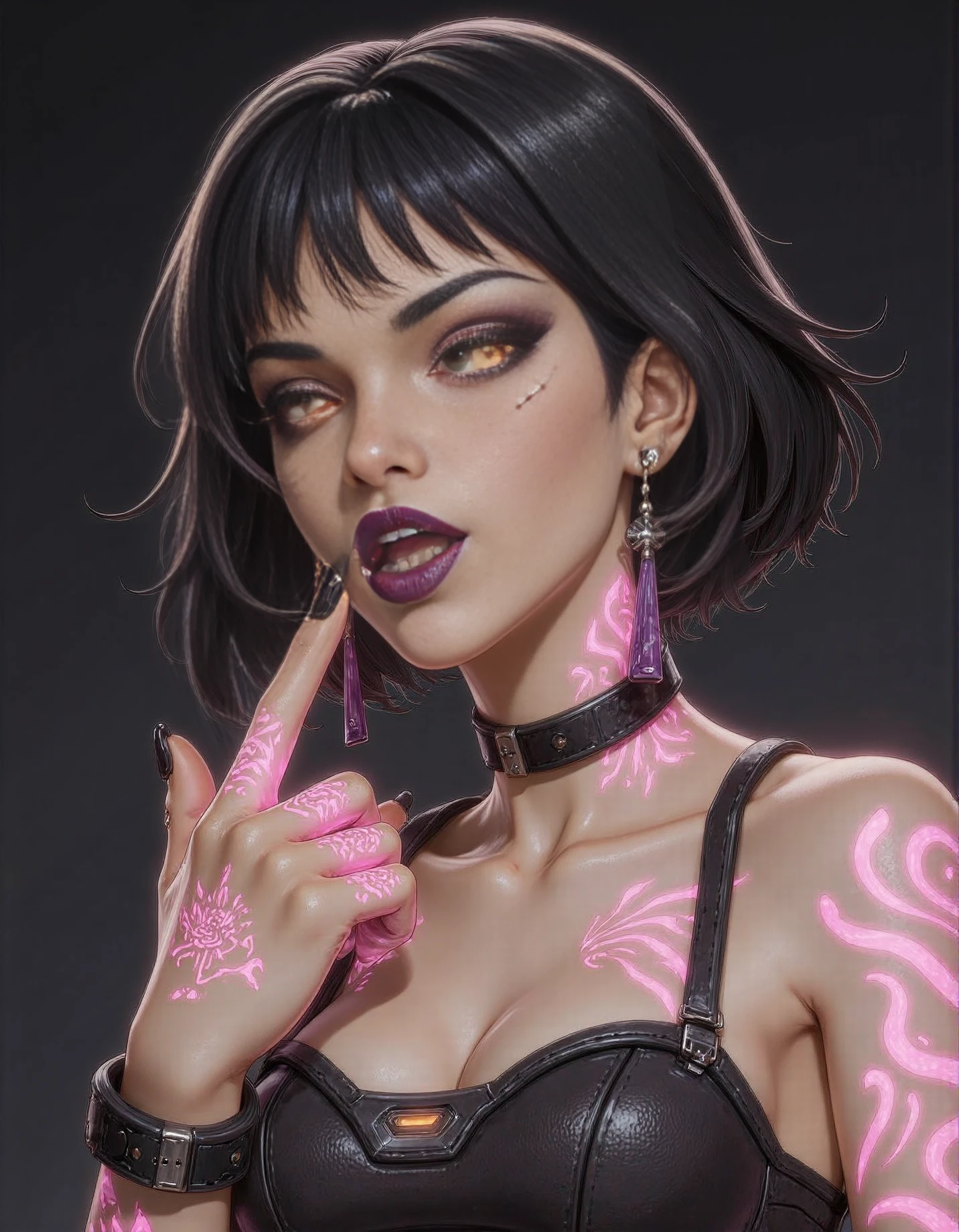 Vex a woman with tattoos on her body and piercings on her face, set against a dark background. She is a character from the game Borderlands 4. <lora:bl4vex:1> vex borderlands,
realistic