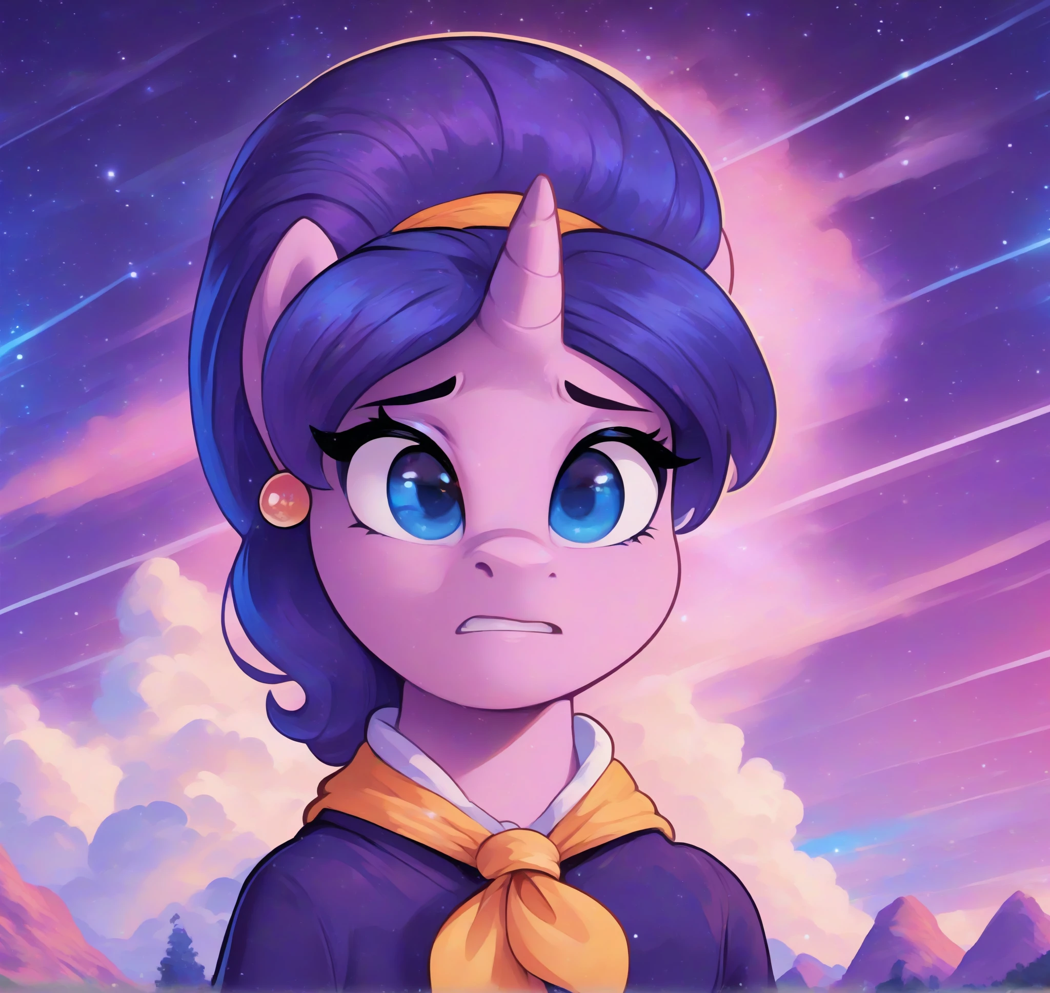 <lora:Cookie_Crumbles_MLP_Character:0.7> cookie crumbles \(mlp\), hasbro, equine, pony,  quadruped, unicorn, furry female, blue eyes, purple hair, ascot, neckerchief, earring, BREAK detailed background, at the weather factory, clothed, clothing, determined, firm gaze, clenched jaw, furrowed brow, underside view, from below