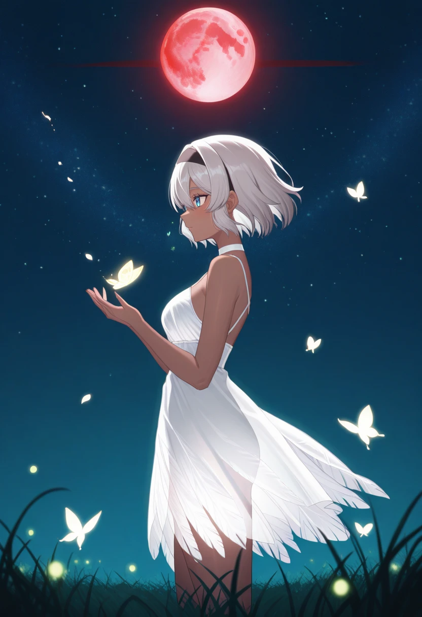 very awa, masterpiece, best quality, absurdres, newest, perfect quality, detailed background, intricate details, solo,
<lora:ILP0k3m0nBe4:1>
P0k3m0nBe4, 1girl, short hair, dark-skinned female, hair between eyes, gray hair, blue eyes, hairband, (Side View: 1.2), Standing on the Grass in the Moonlight, Gazing Upwards Slightly at the Crimson Moon, (Light Blush on the Cheeks), (Perfect Hands: 1.3), (Translucent Feathers Fluttering: 1.2), (Surrounded by Glowing Butterflies and Fireflies: 1.3), (Floating Sakura Petals: 1.2), (Starry Night Sky Background: 1.4), (Blood Red Moon), (Ethereal Atmosphere: 1.3), (Celestial Light: 1.2)