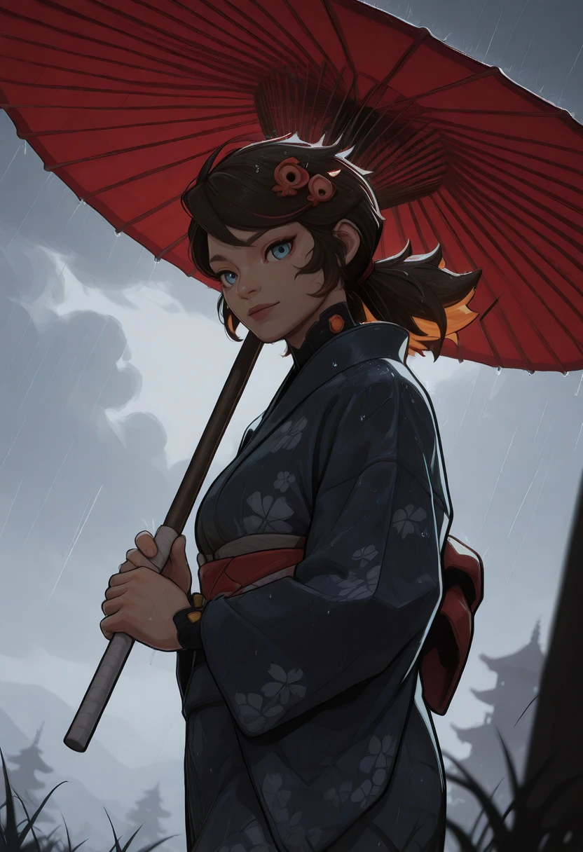 very awa, masterpiece, best quality, absurdres, newest, perfect quality, detailed background, intricate details, solo,
<lora:ILMRP3n1P4rk3r:1.0>
MRP3n1P4rk3r, 1girl, brown hair, low ponytail, twin ponytail, hair ornament, red streaks, blue eyes, looking at viewer, (HDR, 8K, high contrast, masterpiece, best quality, amazing quality, very aesthetic, super absurdres, high resolution, ultra-detailed, absurdres, newest, scenery, lightrays, cinematic chiaroscuro lighting, dynamic angle, photorealistic, beautiful detailed eyes, detailed skin, detailed hair, volumetric lighting, dappled light, light particles, dramatic shadows, shallow depth of field), from side, walking, holding oil-paper umbrella, old japanese countryside, kimono, japanese clothes, (rain:0.85), dark cloud, gradient cloud, evening, winter