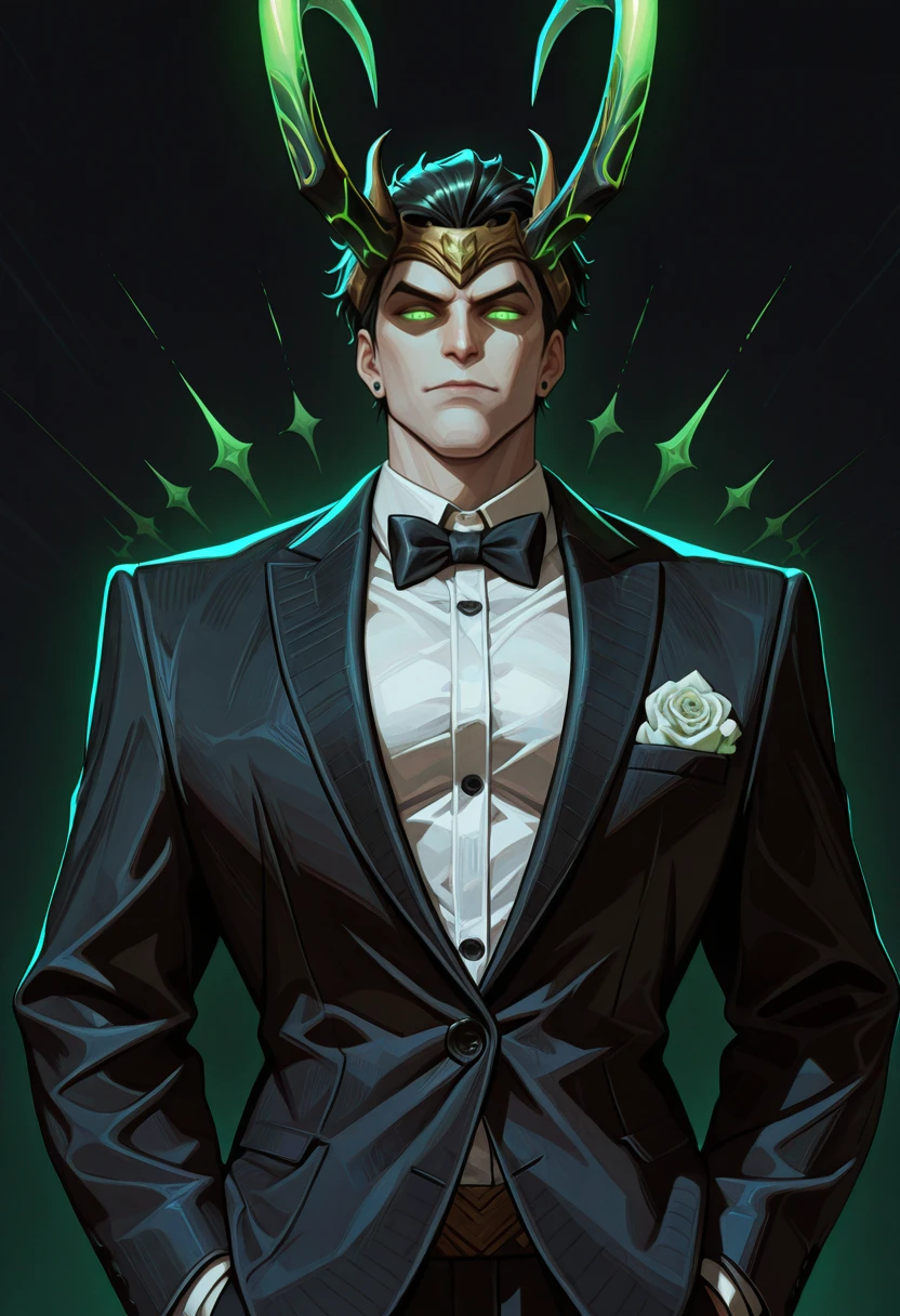 very awa, masterpiece, best quality, absurdres, newest, perfect quality, detailed background, intricate details
<lora:ILMRL0k1:1.0>
MRL0k1, 1boy, male focus, headpiece, crown, horns, green eyes, short hair, black hair, looking at viewer, male focus, black background, black bow, black bowtie, glowing eyes,white shirt, formal, black suit, upper body, collared shirt, closed mouth, black jacket, jewelry, stud earrings, long sleeves, suit jacket, dress shirt, hands in pockets