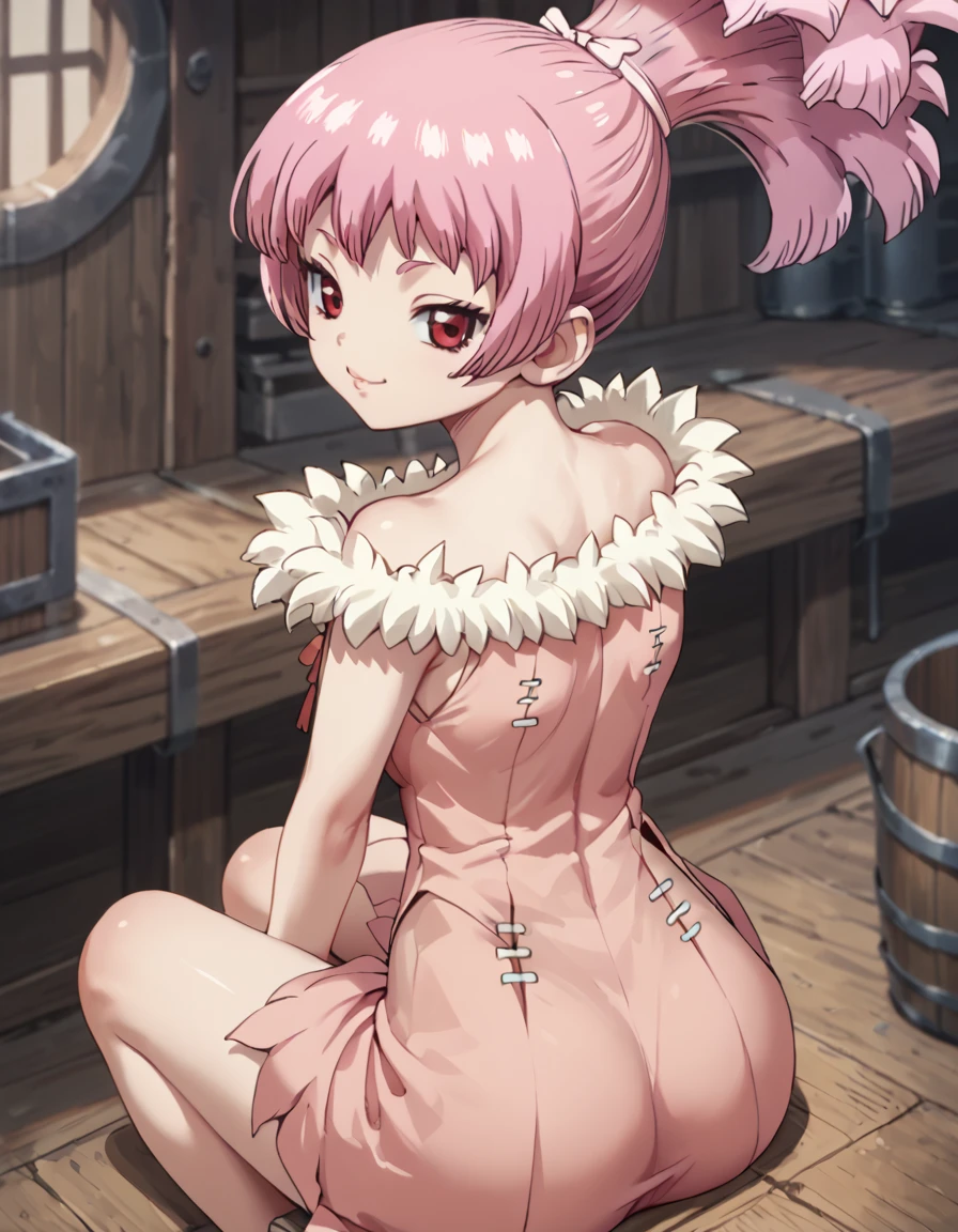 score_9, score_8_up, score_7_up, DrStone_Homura, sitting sideways, looking back, soft smile