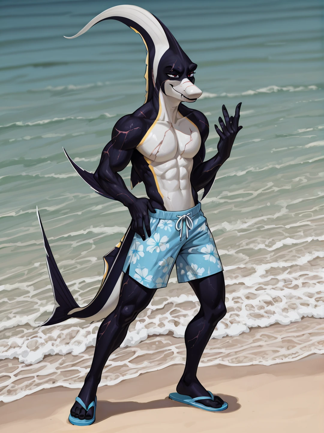 masterpiece, best quality, high quality, highres, absurdres, no humans
, 1boy, solo, male focus, full body
, beach, shore
, BREAK
<lora:Gill_Finding_Nemo_Illustrious:0.8>, GillFN, anthro, toned male, moorish idol, broad shoulders, black skin, white skin, yellow skin, gradient skin, white front, fish tail, small head fins, arm fins
, scar across eye, reddish-brown eyes, dorsal fin, yellow snout stripe, white snout, nostrils, no nose, black lips, scar on mouth, scar on , 5 fingers, black hands, black nails, fins
, blue floral print shorts, blue flip-flops
, smug, happy
, standing, dynamic pose, posing