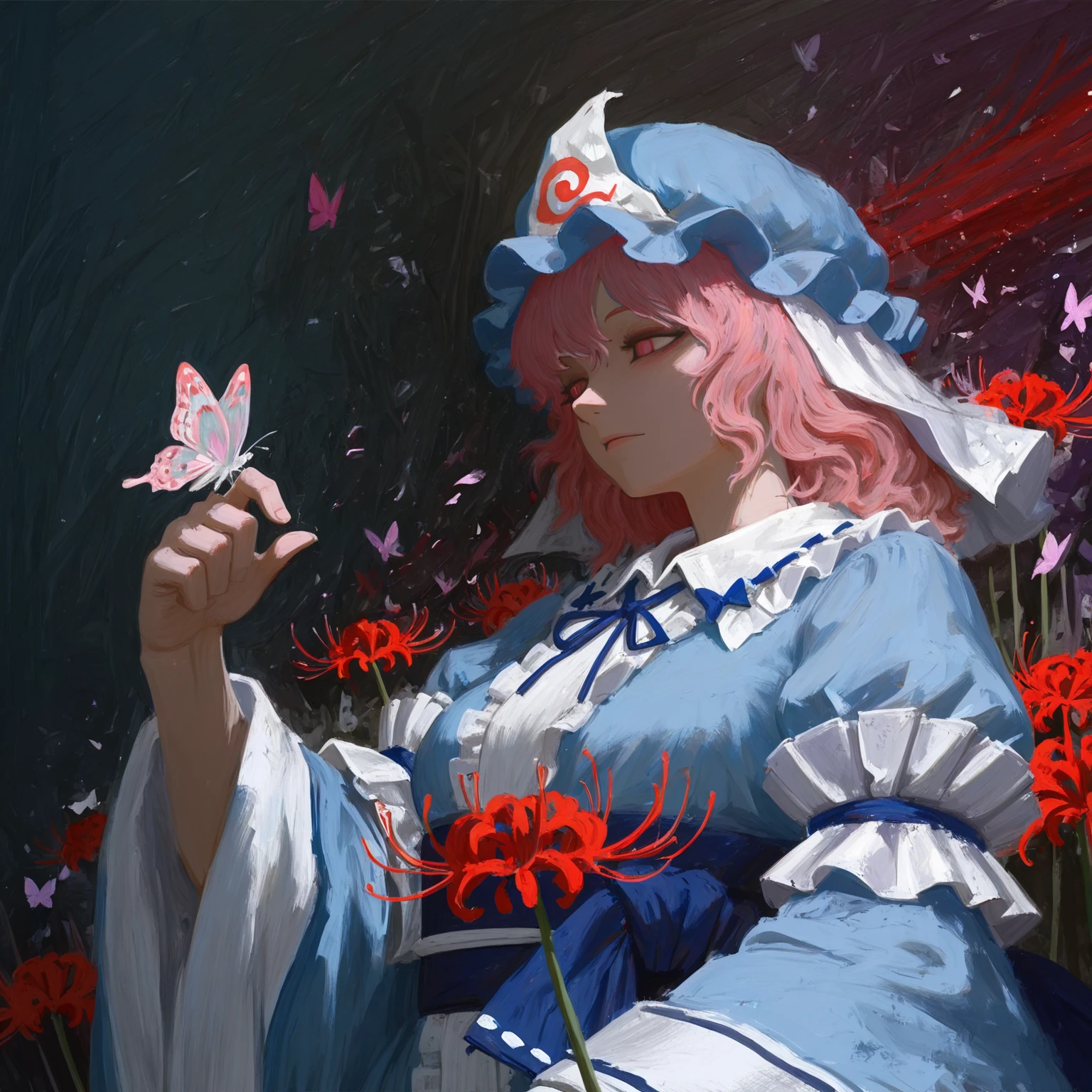 <lora:daodtt_style_illustr:1> da0d77, 1girl,
absurdly detailed composition, detailed shadows, detailed background,
abstract, surreal, abstract background, surreal background, visible brushstrokes, painterly, impressionistic,
saigyouji yuyuko, pink hair, pink eyes, mob cap, japanese clothes, kimono, wide sleeves, blue kimono, frills, blue headwear, ribbon, frilled kimono, blue dress,
butterfly, multiple butterflies, petals, flower, multiple flowers, spider lily, butterfly on hand,
upper body focus, unique angle, (from side:0.2)