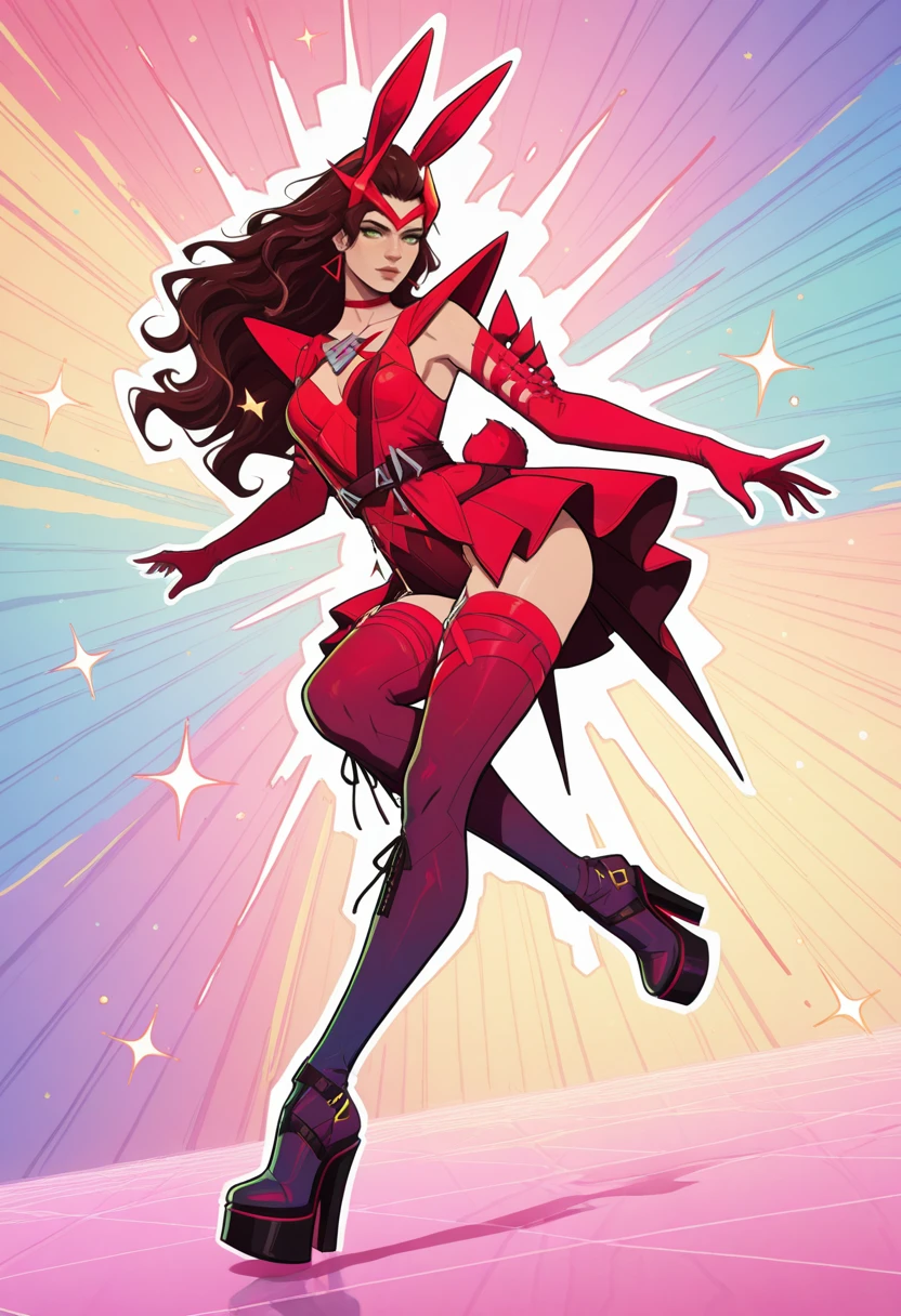 very awa, masterpiece, best quality, absurdres, newest, perfect quality, detailed background, intricate details
<lora:ILMRSc4rl3tW1tch:1>
MRSc4rl3tW1tch, 1girl, long hair, brown hair, green eyes, headpiece, earrings, looking at viewer, bunny_ears, bunny_tail, ribbon_choker, girly_clothing, stockings, platform_heels, vibrant colors, bright colors, colorful theme, sparkles, dynamic angle, dynamic pose, Flatline, Flat vector illustration