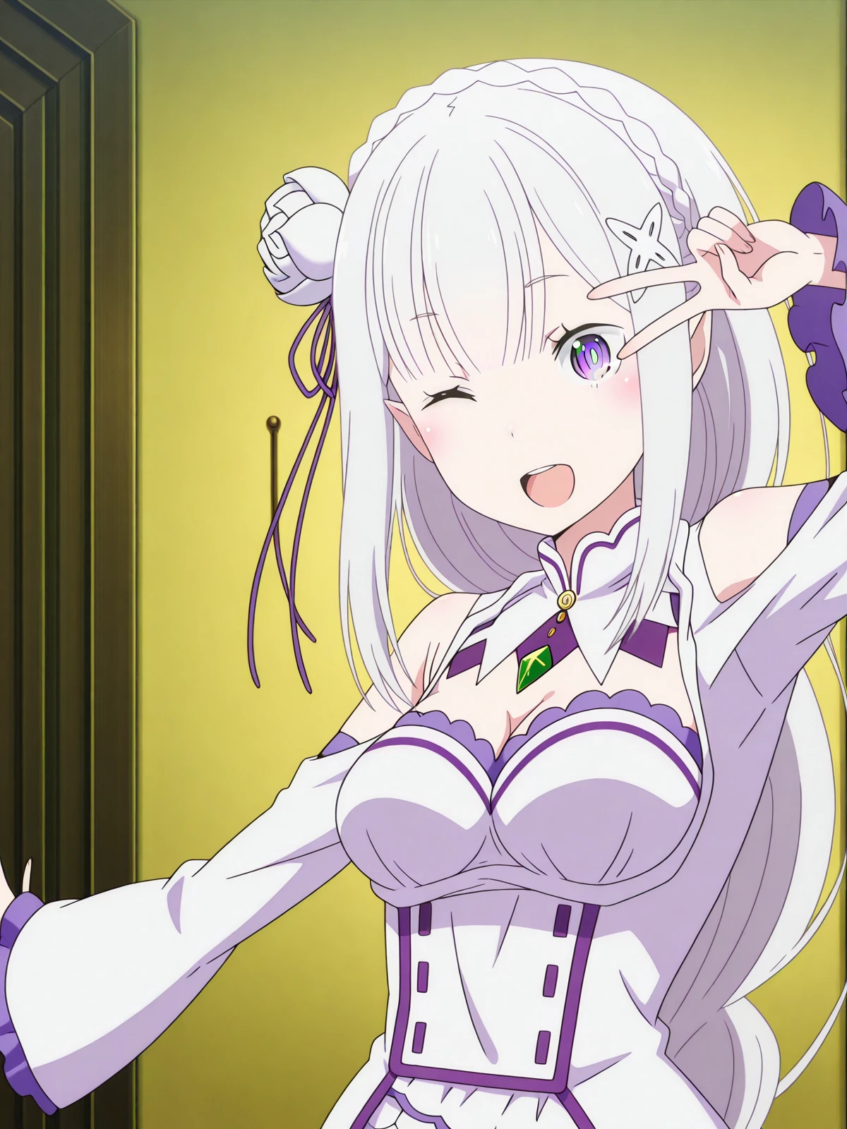 masterpiece, best quality, amazing quality,, <lora:rezero-emilia-s1s2-illustriousxl-lora-nochekaiser:1>, rezero emilia, emilia (re:zero), braid, crown braid, flower, hair flower, hair ornament, hair ribbon, long hair, pointy ears, purple eyes, white hair, x hair ornament, green pupils, mature female, medium breasts, anime screencap, <lora:curemelody-pose-illustriousxl-lora-nochekaiser:1>, curemelody pose, solo, smile, open mouth, one eye closed, v, ;d, v over eye, hands up,, , ,
