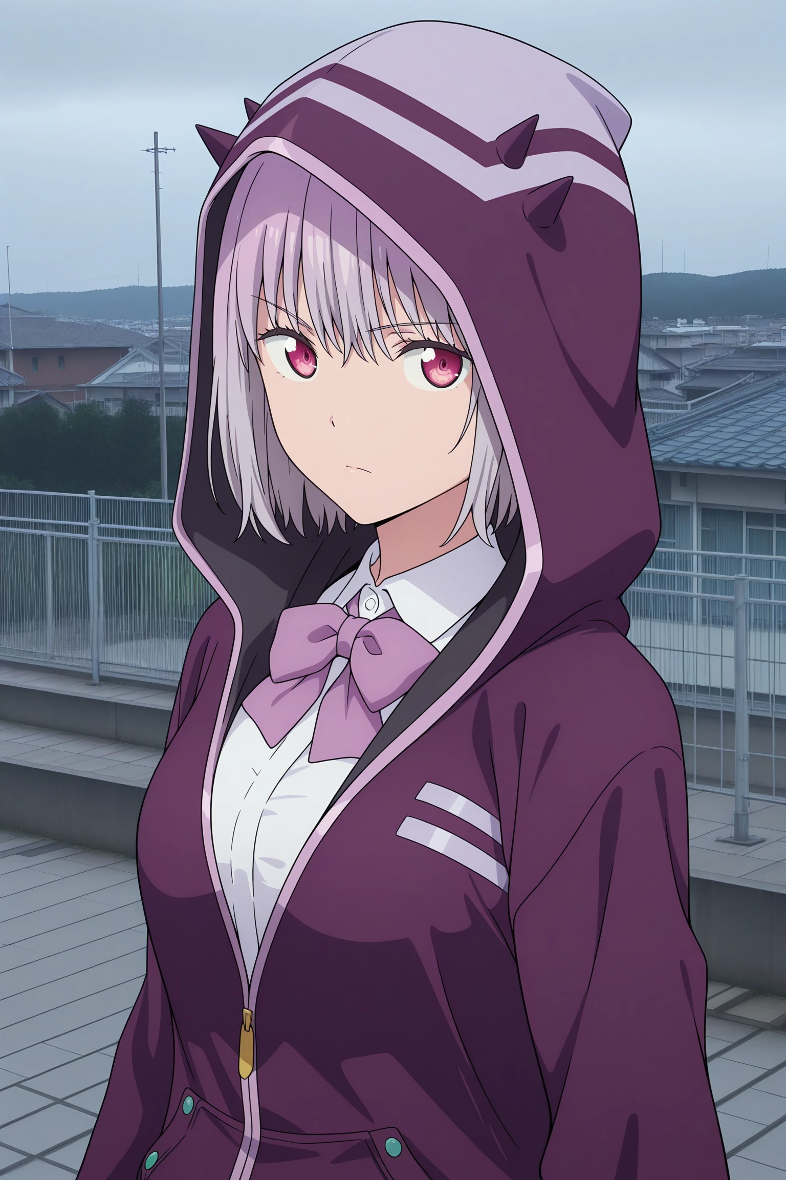 masterpiece, best quality, amazing quality, highres, absurdres, very aesthetic, high resolution, ultra detailed, perfect details, 1girl, solo, outdoors, overcast, rooftop, school, (photo background:1.5), shinjo akane, short hair, purple hair, wispy bangs, purple eyes, sleeves past wrists, purple jacket, hooded jacket, hood up, white shirt, collared shirt, purple bowtie, black skirt, pleated skirt, gradient pantyhose, black footwear, loafers, <lora:Akane_Shinjo_ILXL:0.8>, aged up, (upper body), looking at viewer, (anime coloring:1.2), standing, pose, serious