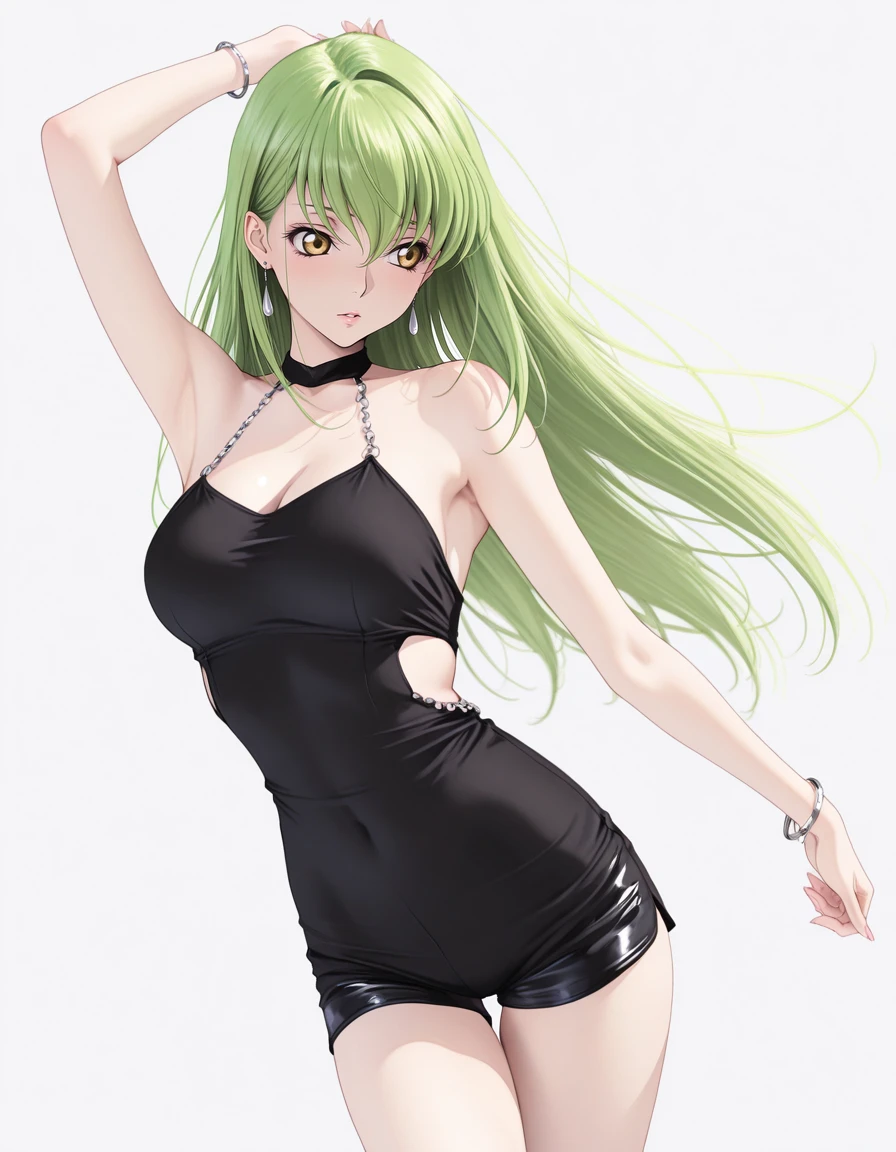 masterpiece,best quality,amazing quality,very aesthetic,high resolution,ultra detailed,perfect details,anime coloring,
1girl,solo,dynamic pose,simple background,grey background,
<lora:mai_bj_clothing_sexy_c_dress:0.7>,mai_bj_clothing_sexy_c_dress,black_dress,short shorts,jewelry,earrings,bracelet,
<lora:C.C:1.2>,c.c.,