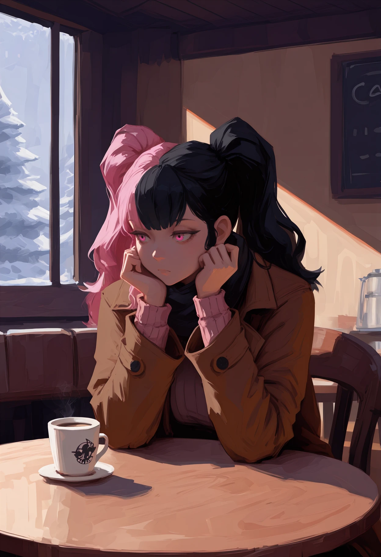 newest, painterly, upper body, solo, 1girl, expressionless, looking away, sitting, on chair, head rest, long hair, split-color hair, black hair, pink hair, twintails, pink eyes, winter clothes, brown coat, open coat, long sleeves, ribbed sweater, scarf, indoors, cafe, table, disposable coffee cup, window
<segment:yolo-Anzhc Face seg 640 v3 y11n.pt,0.5,0.5//cid=11>