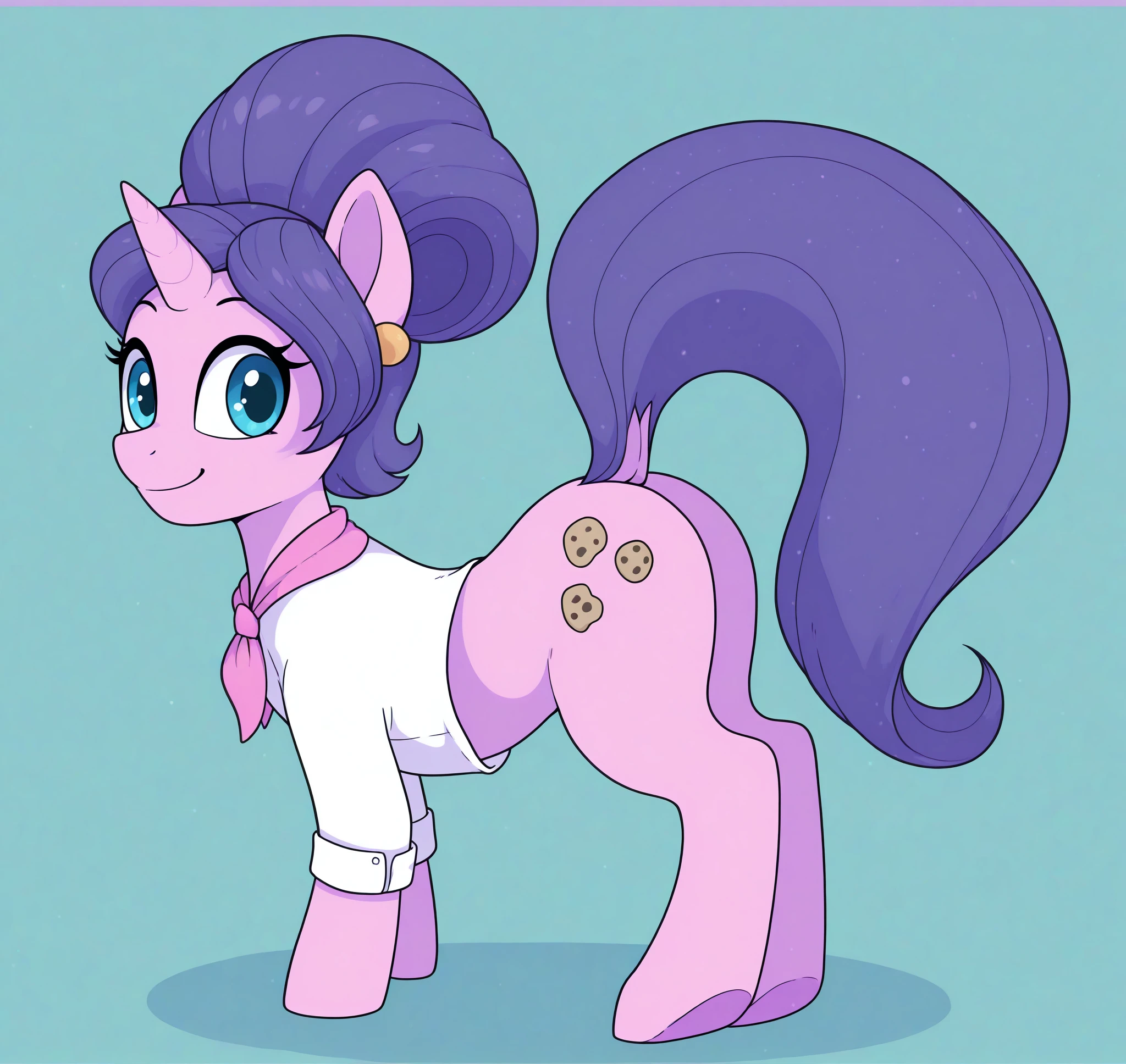 <lora:Cookie_Crumbles_MLP_Character:0.7> cookie crumbles \\(mlp\\), hasbro, equine, pony, quadruped, unicorn, furry female, blue eyes, purple hair, ascot, neckerchief, earring, BREAK detailed background, at ponyville town hall, looking back at you, smiling, extreme high angle, from above