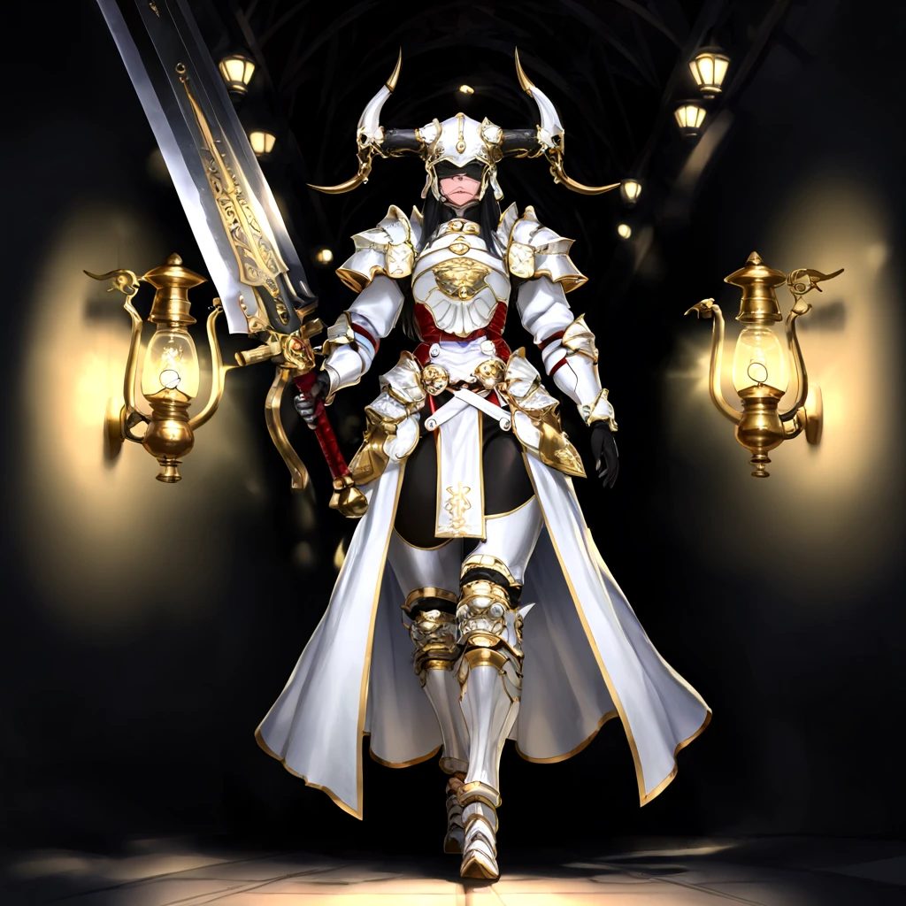 masterpiece, best quality, amazing quality, absurdres, volumetric light,  aesthetic, 1girl, <garlean:1> full armor, horned helmet, white armor with gold trim, long black hair, holding weapon, greatsword, walking towards viewer, black background, oilpunk hallway, oil lamps, light source, <lora:Garlean:1>