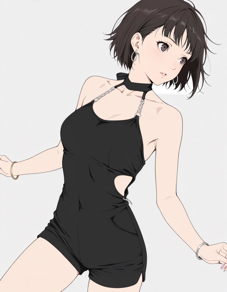 masterpiece,best quality,amazing quality,very aesthetic,high resolution,ultra detailed,perfect details,anime coloring,flat color,
1girl,solo,dynamic pose,simple background,grey background,
<lora:mai_bj_clothing_sexy_c_dress:0.8>,mai_bj_clothing_sexy_c_dress,black_dress,short shorts,jewelry,earrings,bracelet,
<lora:p5makoto-illV3-5:1>,p5makoto,